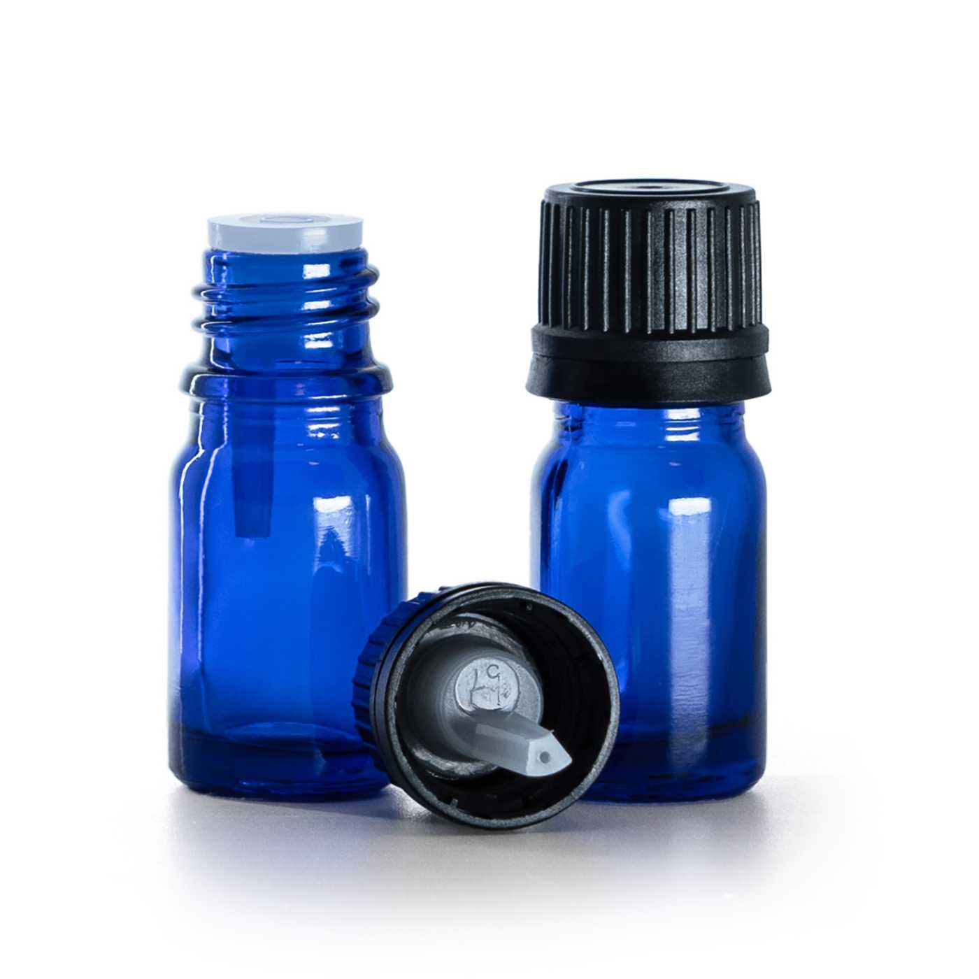Buteleczka szklana niebieska, czarna nakrętka z kroplomierzem, 5 ml
