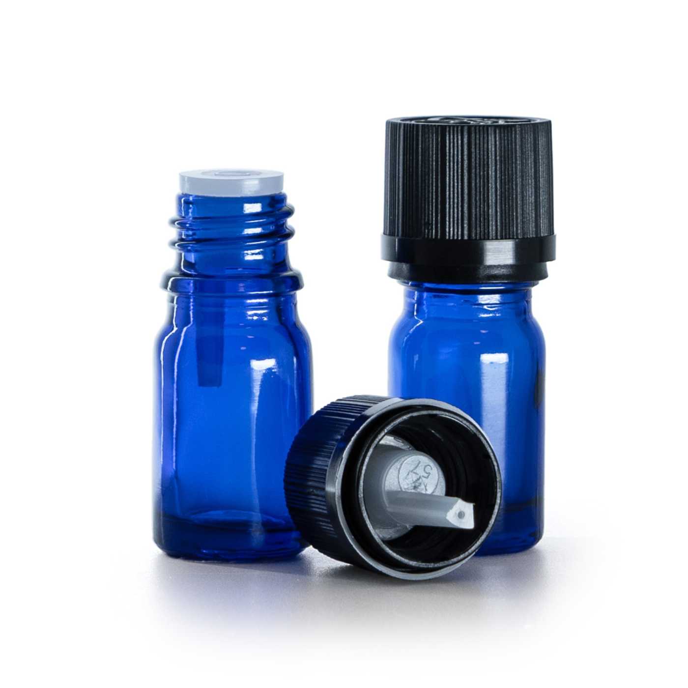 Buteleczka szklana niebieska, czarna nakrętka ryflowana z zabezpieczeniem, 5 ml