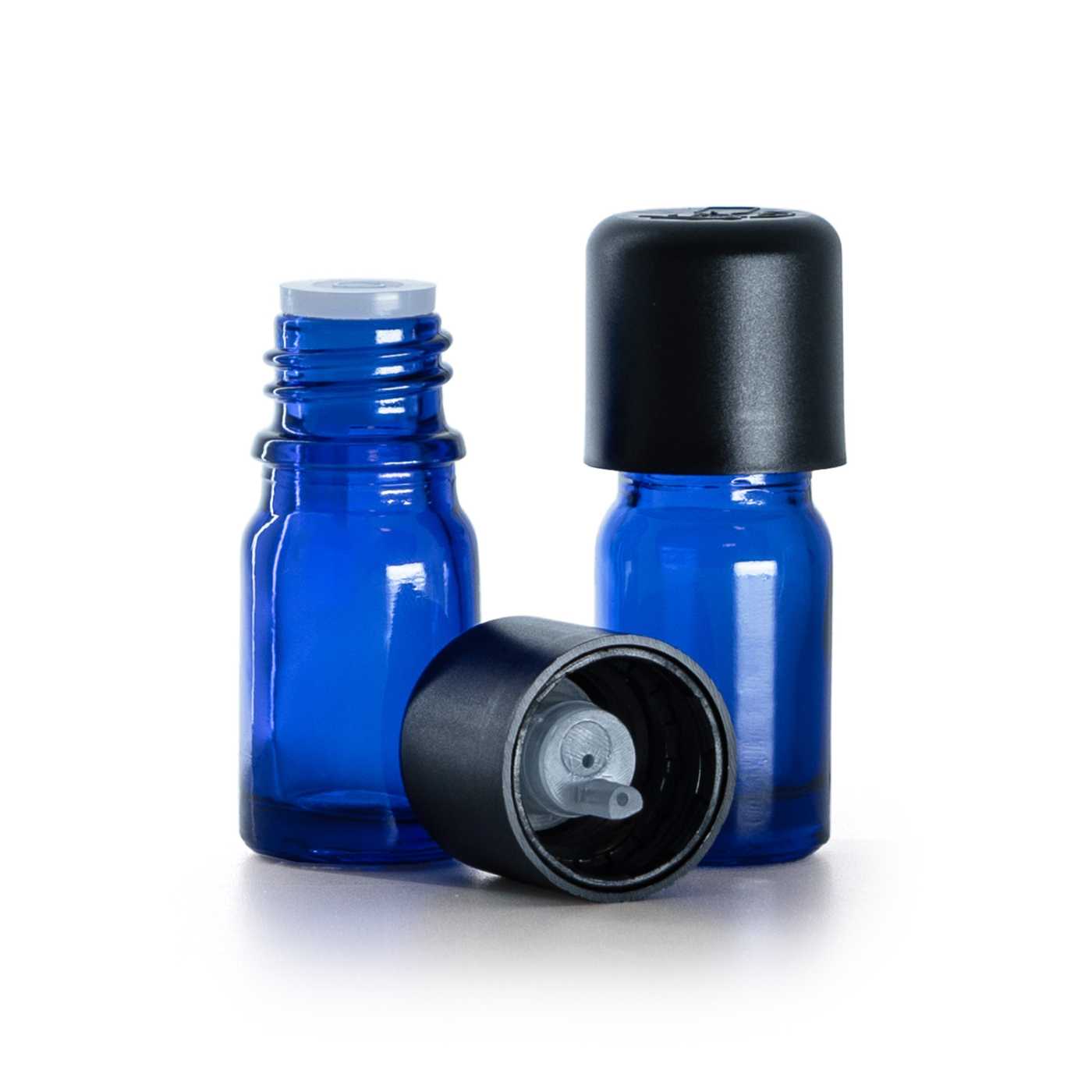 Blaue Glasflasche mit schwarzem Originalitätsverschluss, 5 ml