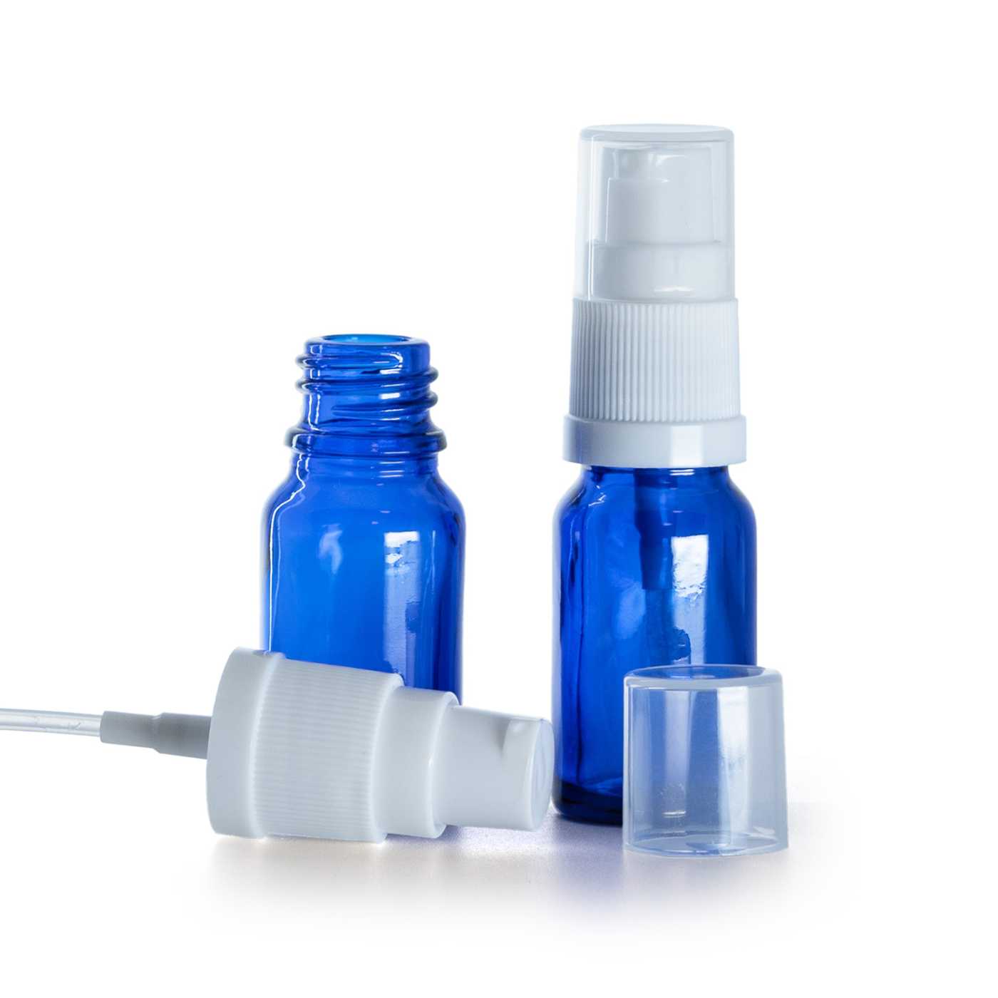 Flacon en verre bleu avec pompe distributrice blanche, 10 ml