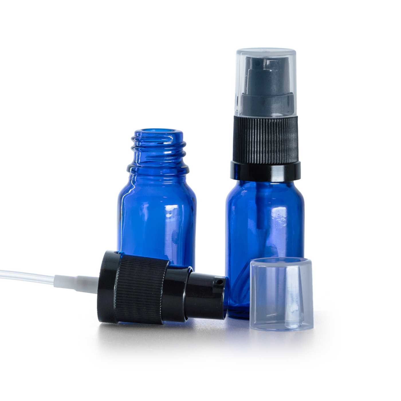 Modrá skleněná lahvička, dávkovač krému 10 ml