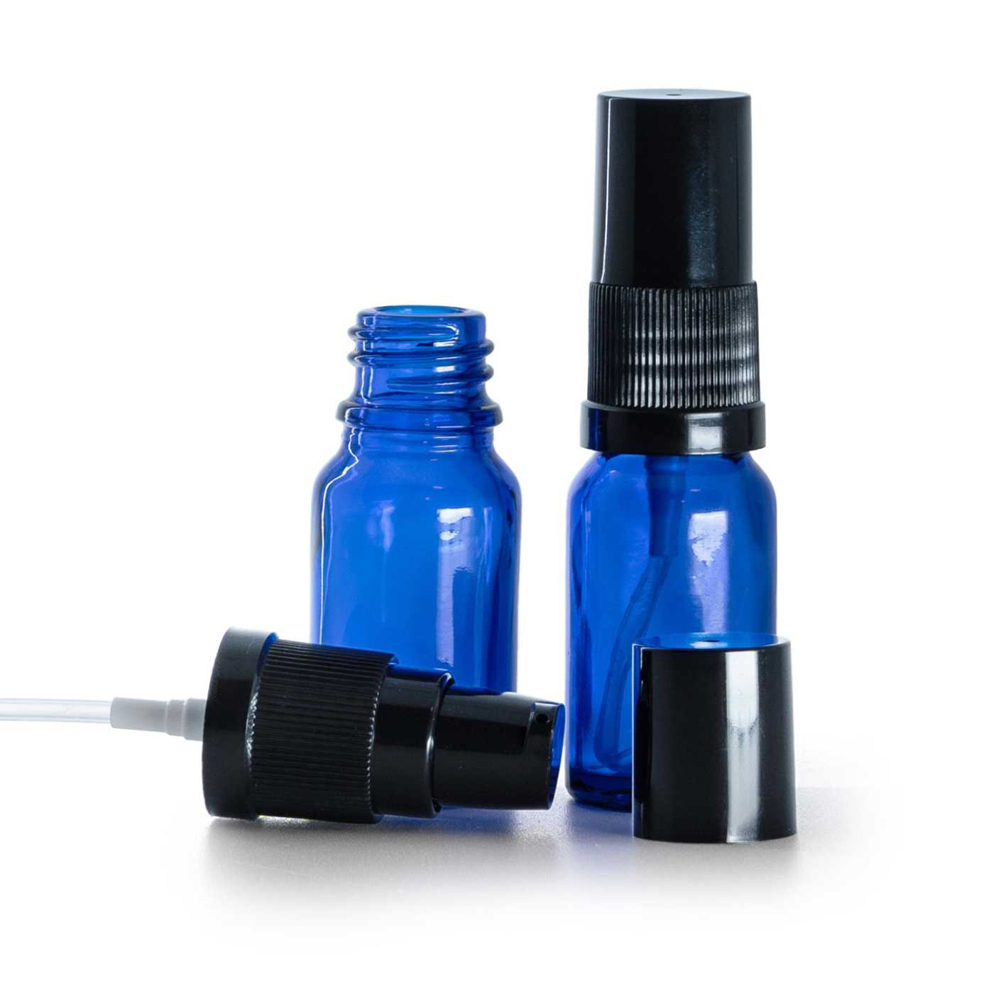 Butelka szklana, niebieska, pompka do kremów z czarnym kapturkiem, 10 ml