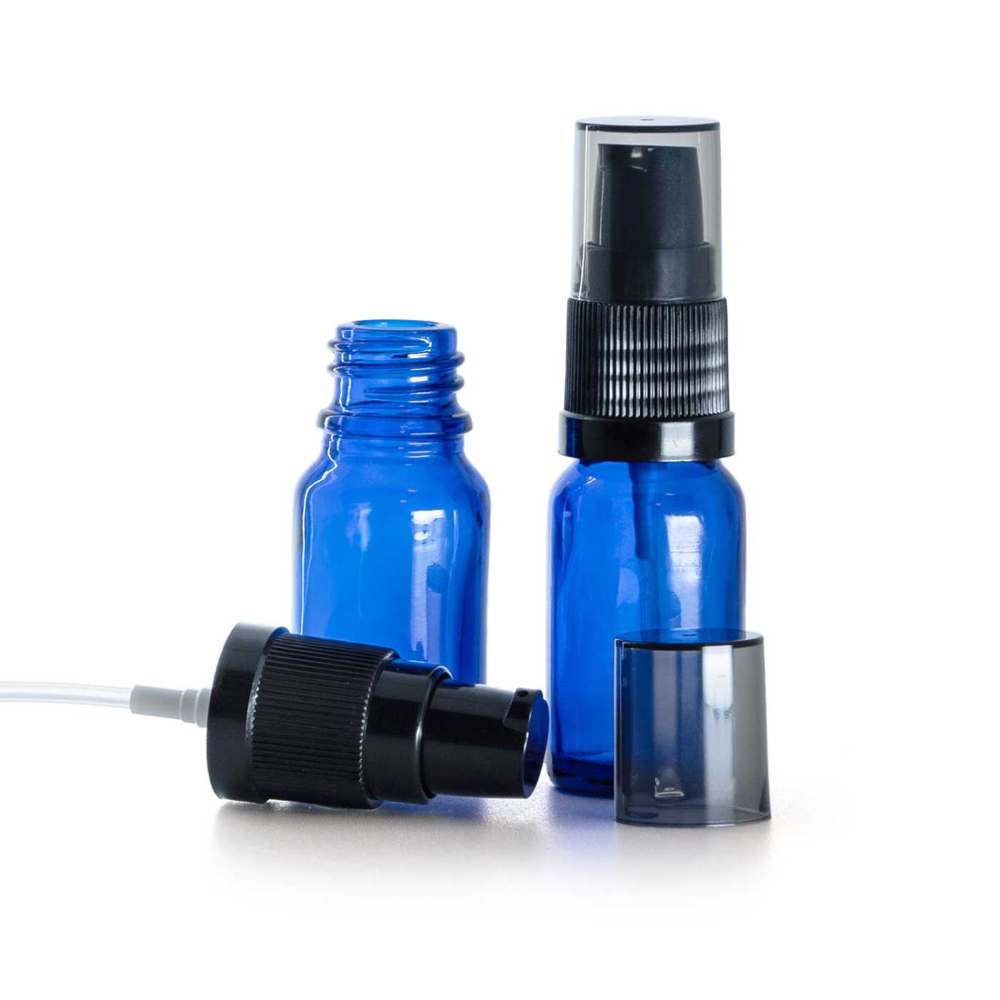 Skleněná lahvička modrá, dávkovač krémů s dýmovým krytem, 10 ml