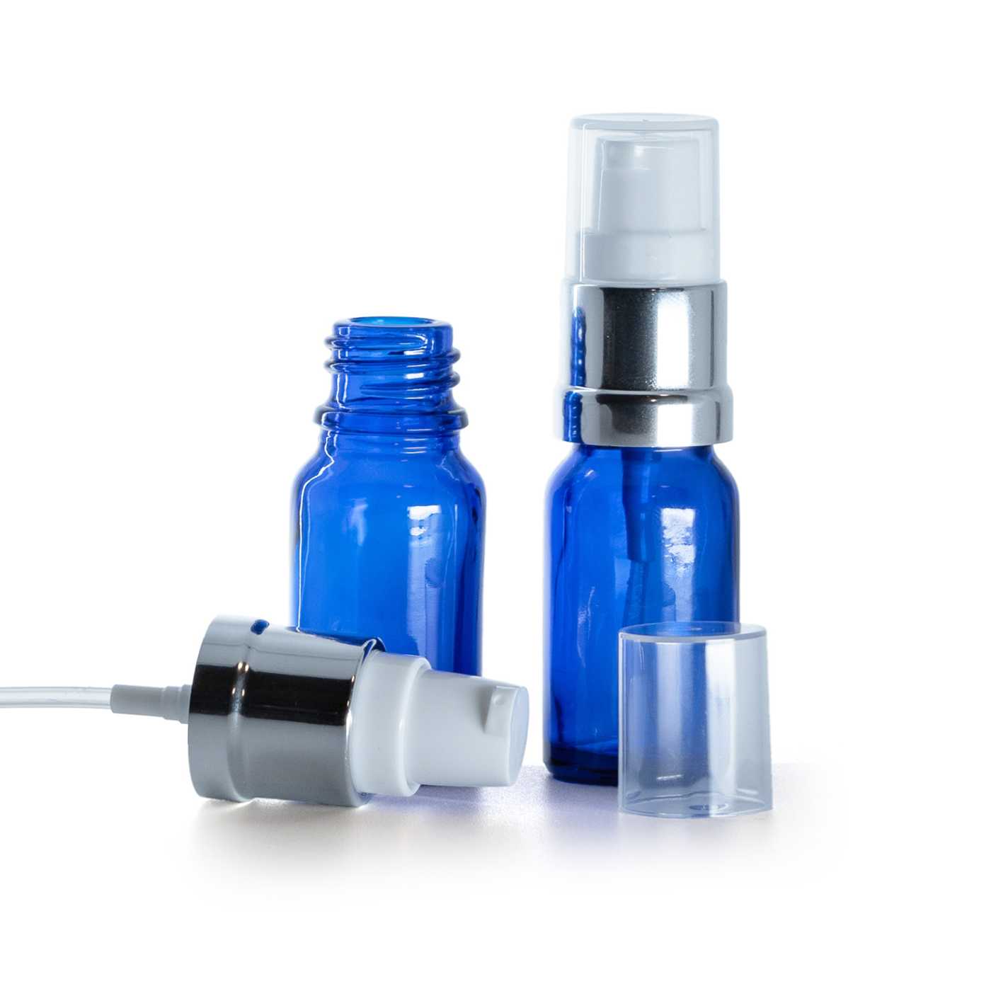 Butelka szklana, niebieska, biało-srebrny błyszczący dozownik, 10 ml