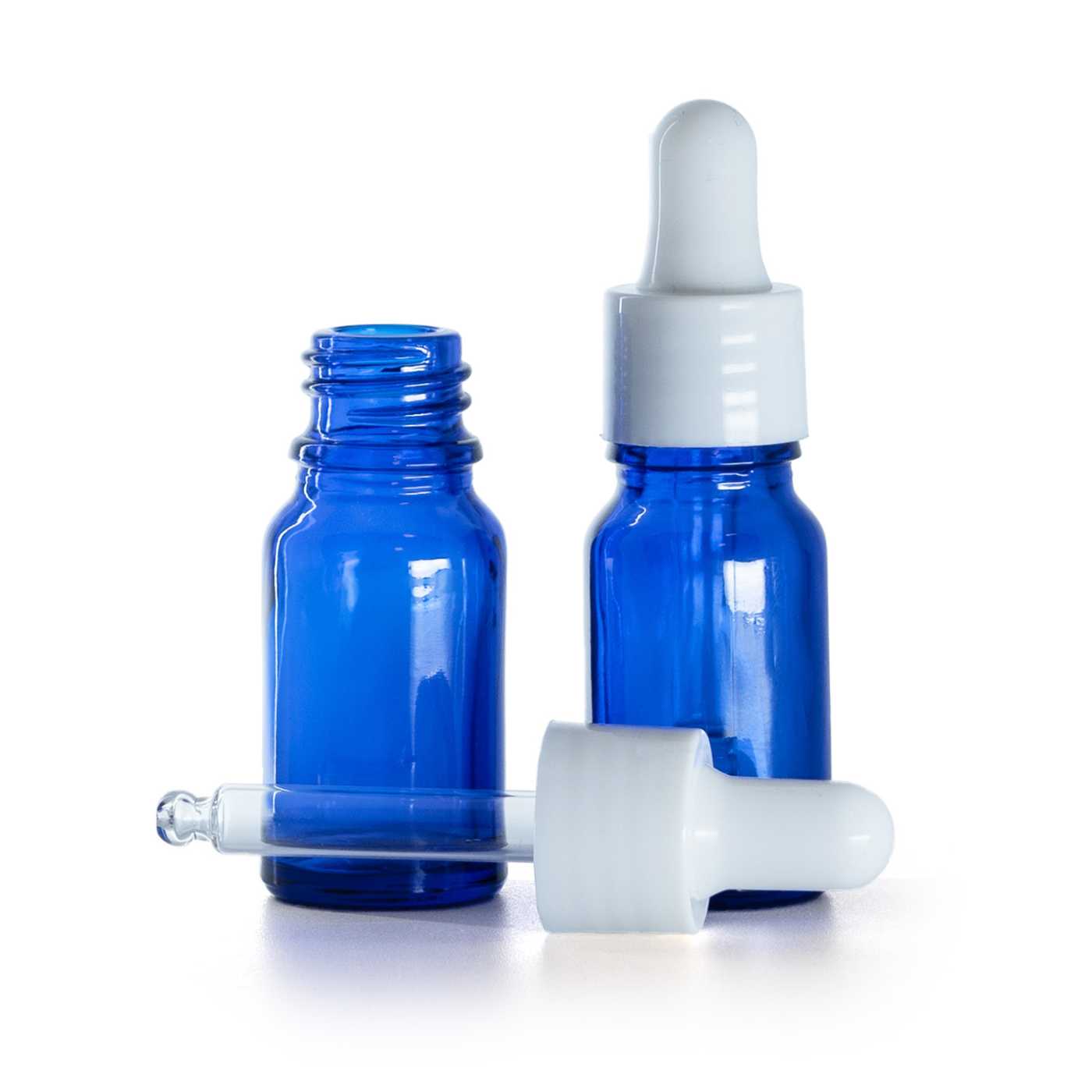 Botella de vidrio, azul, cuentagotas blanco brillante, 10 ml