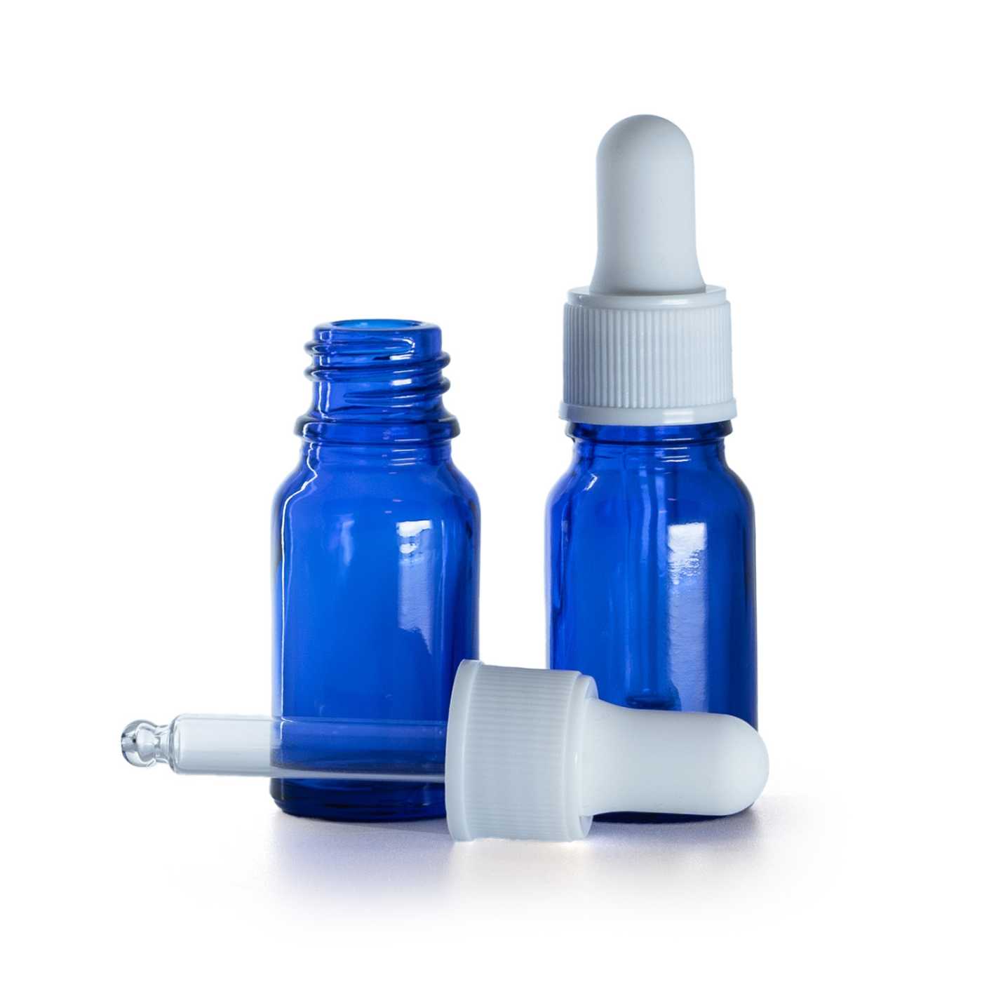 Frasco de vidrio, azul, cuentagotas blanco mate, 10 ml