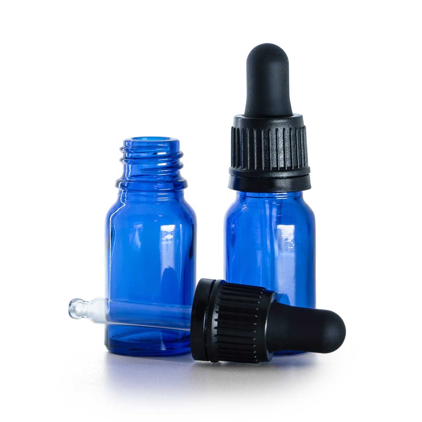 Botella de vidrio, azul, cuentagotas negro inviolable, 10 ml