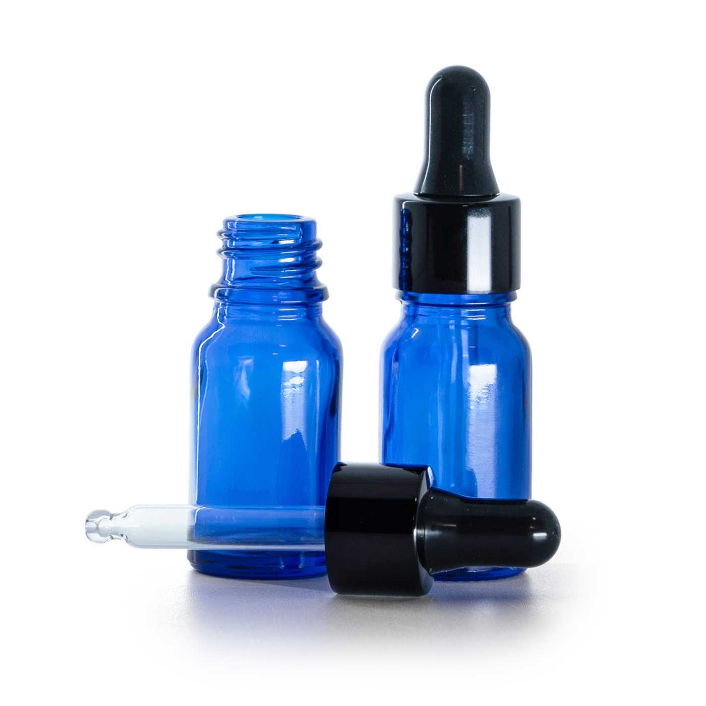 Botella de vidrio, azul, cuentagotas negro brillante, 10 ml