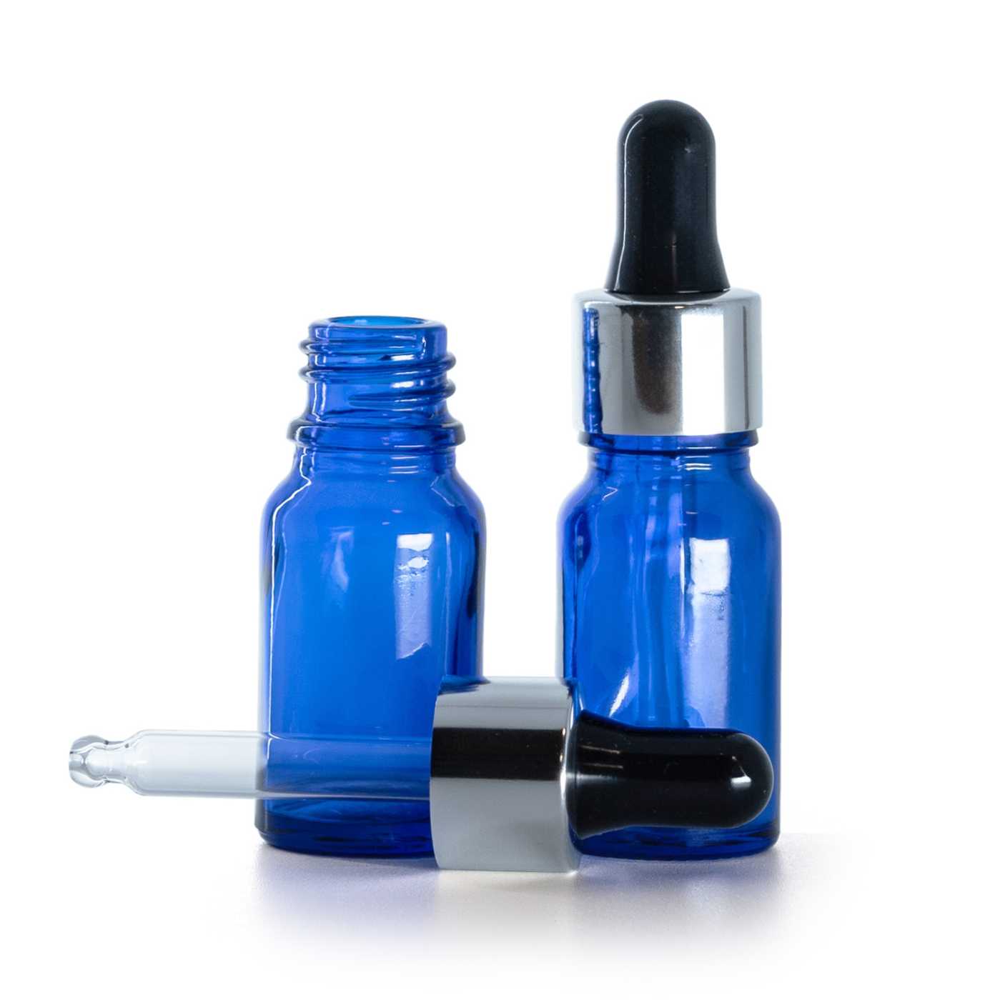 Frasco de vidrio, azul, cuentagotas negro-plata, 10 ml