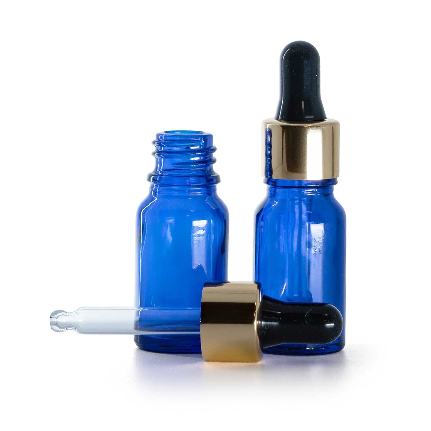 Botella de vidrio, azul, gotero negro y dorado, 10 ml