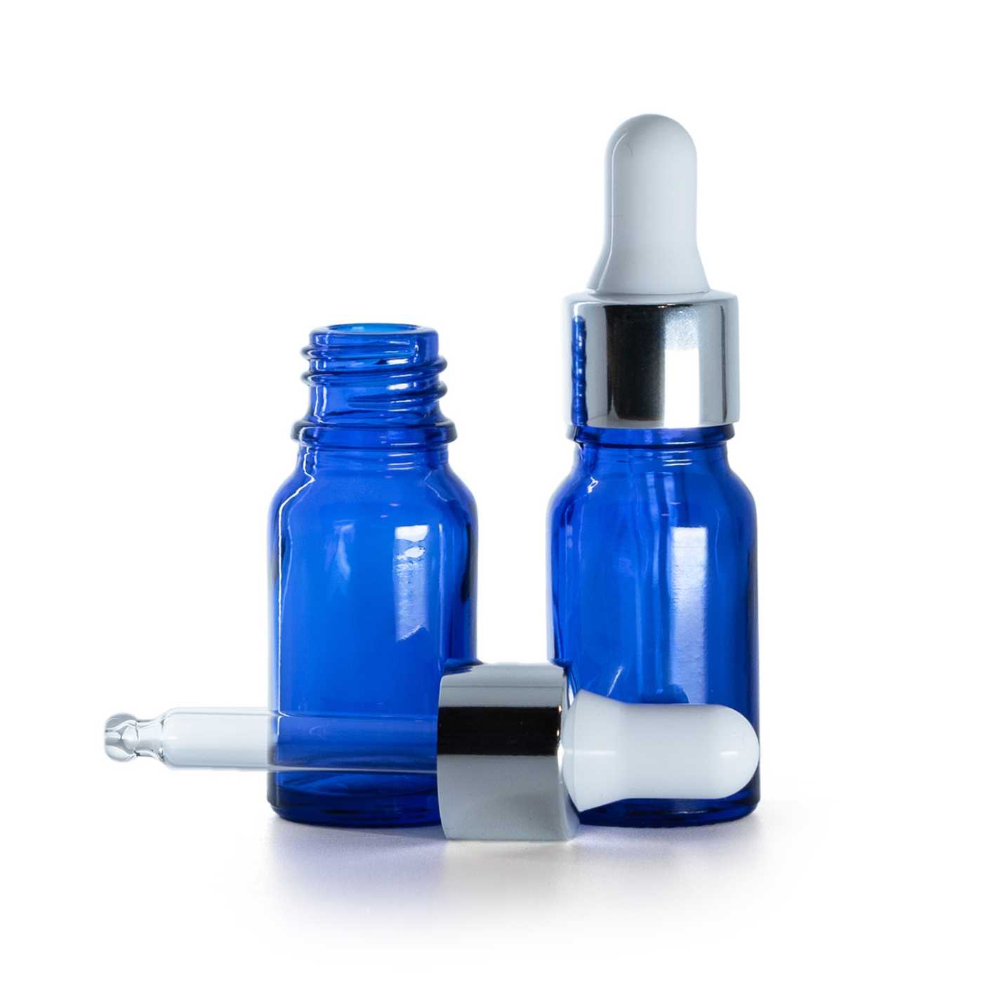 Frasco de vidrio, azul, gotero plateado brillante, 10 ml