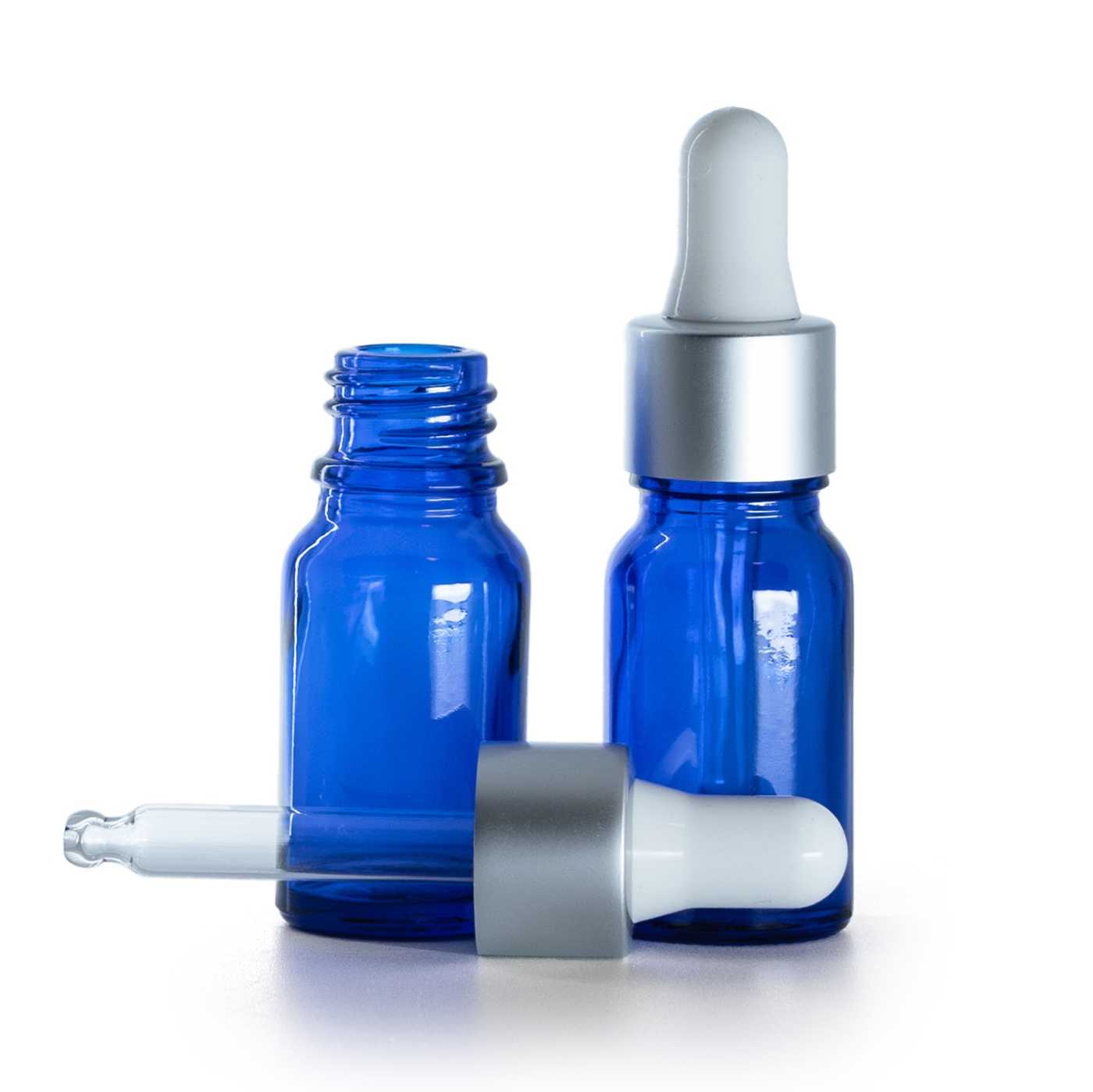 Frasco de vidrio, azul, cuentagotas plateado mate, 10 ml