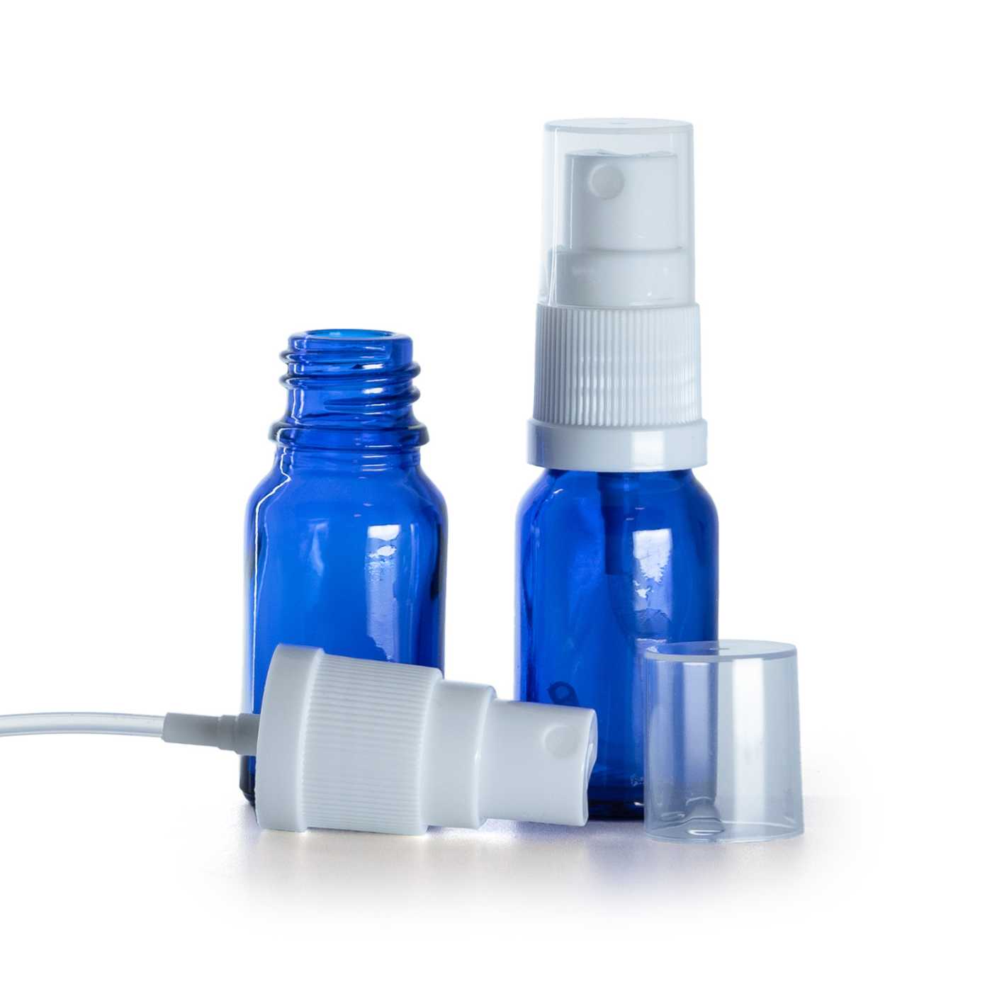 Butelka szklana, niebieska, biały atomizer, 10 ml
