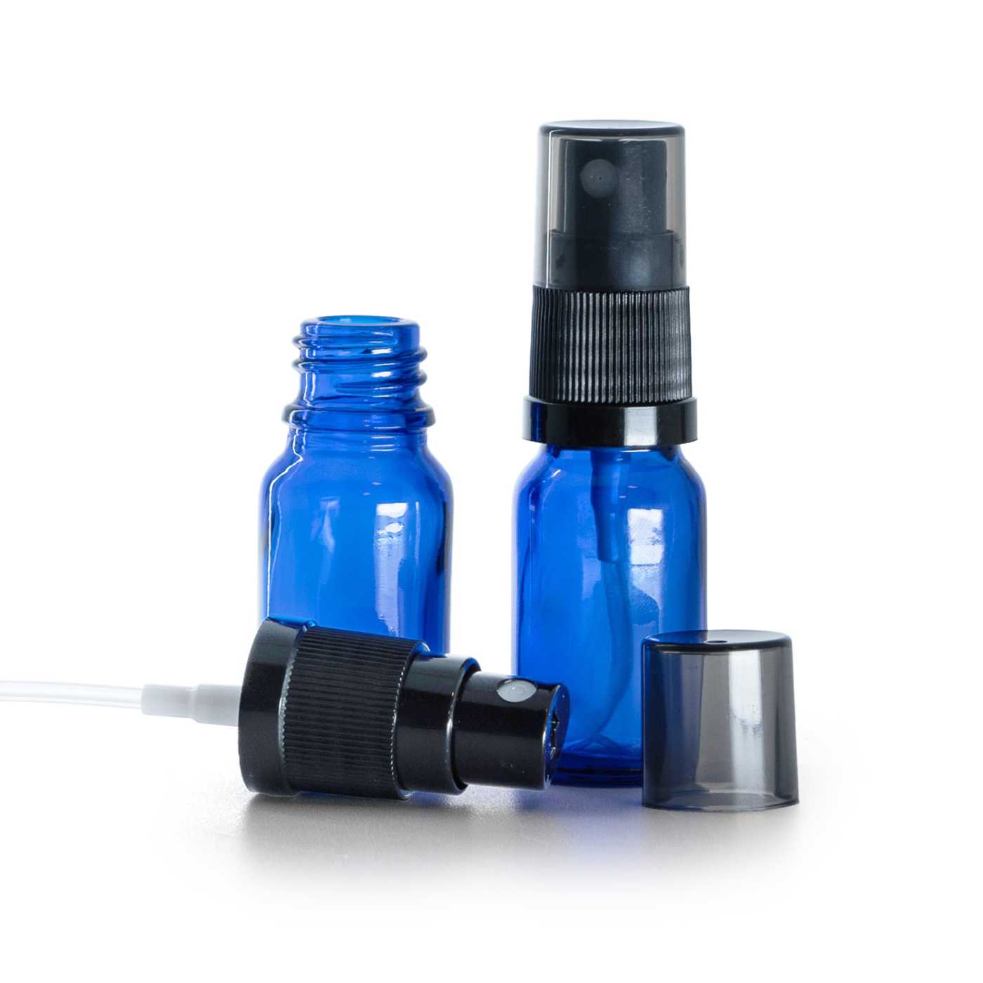 Butelka szklana, niebieska, czarny atomizer, przydymiona nakładka, 10 ml
