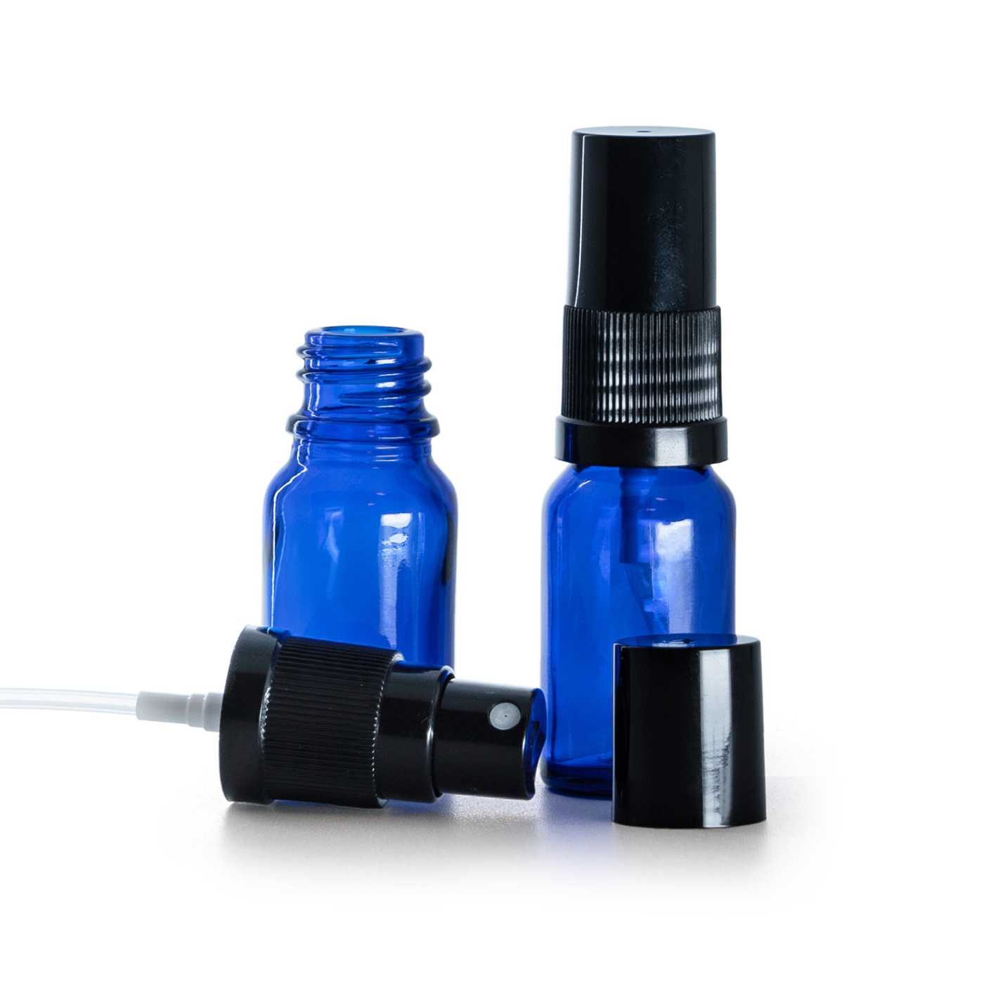 Butelka szklana, niebieska, czarny atomizer, czarna nakładka, 10 ml