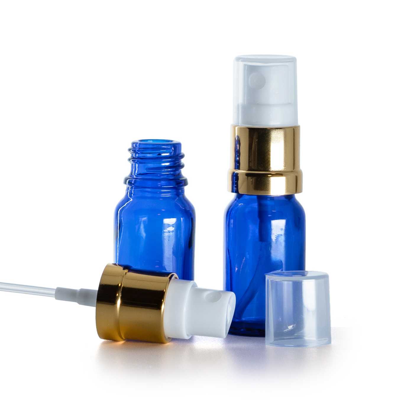 Butelka szklana, niebieska, biało-złoty atomizer, 10 ml