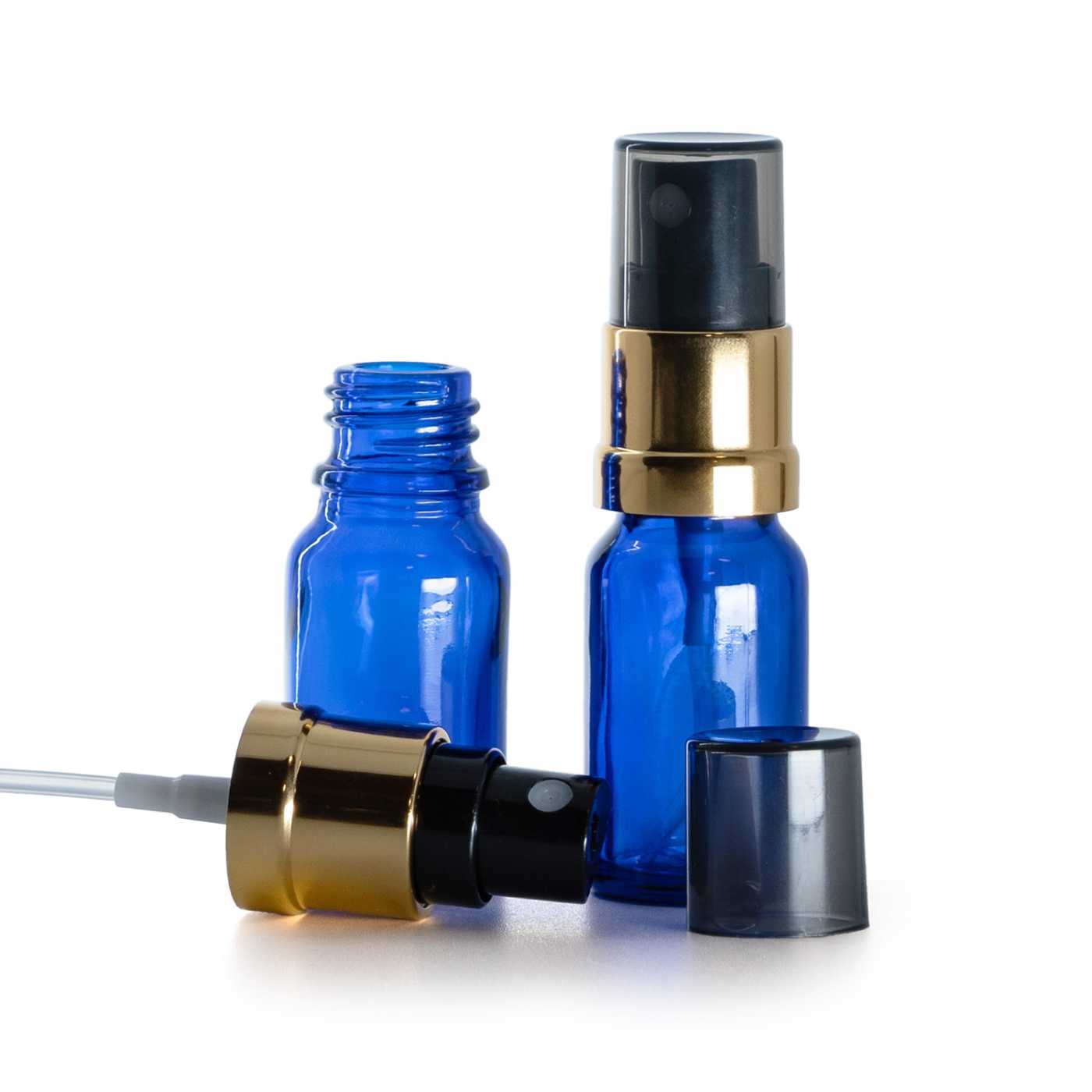 Butelka szklana, niebieska, czarno-złoty atomizer, przydymiona nakładka, 10 ml