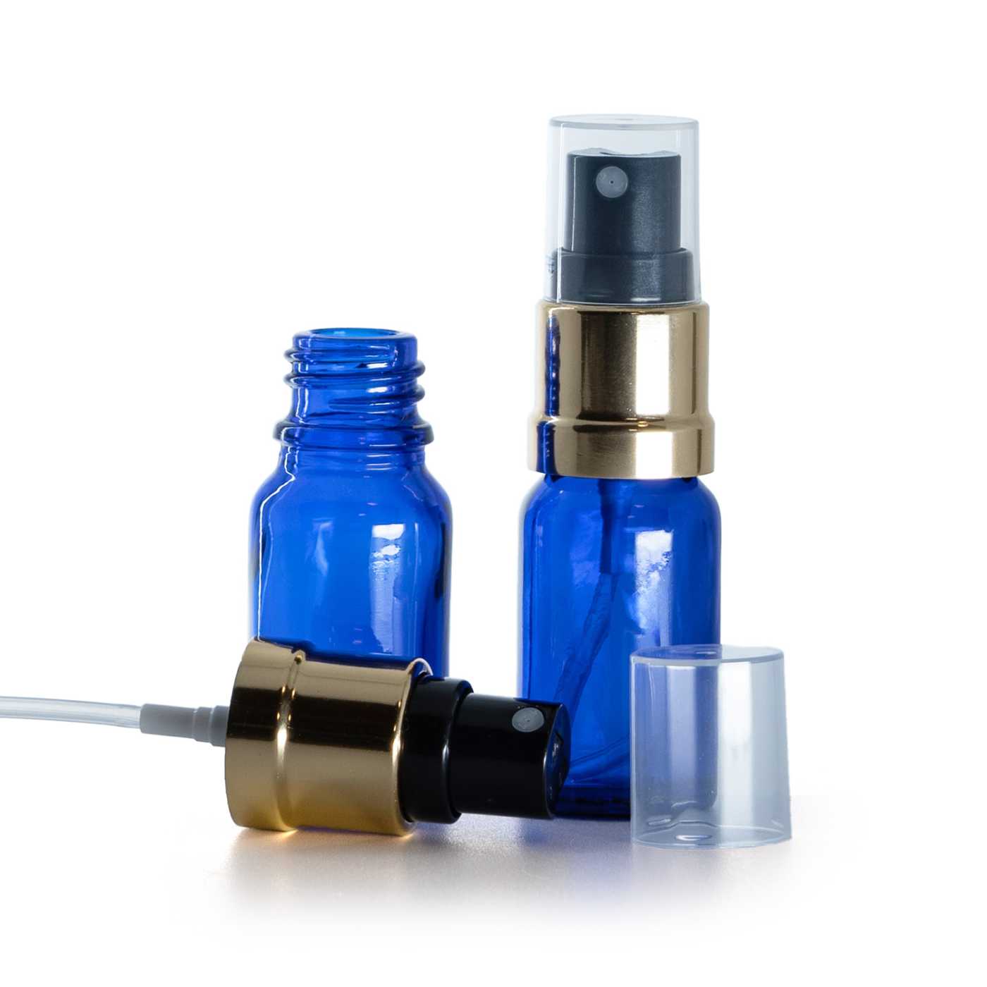 Butelka szklana, niebieska, czarno-złoty atomizer, 10 ml