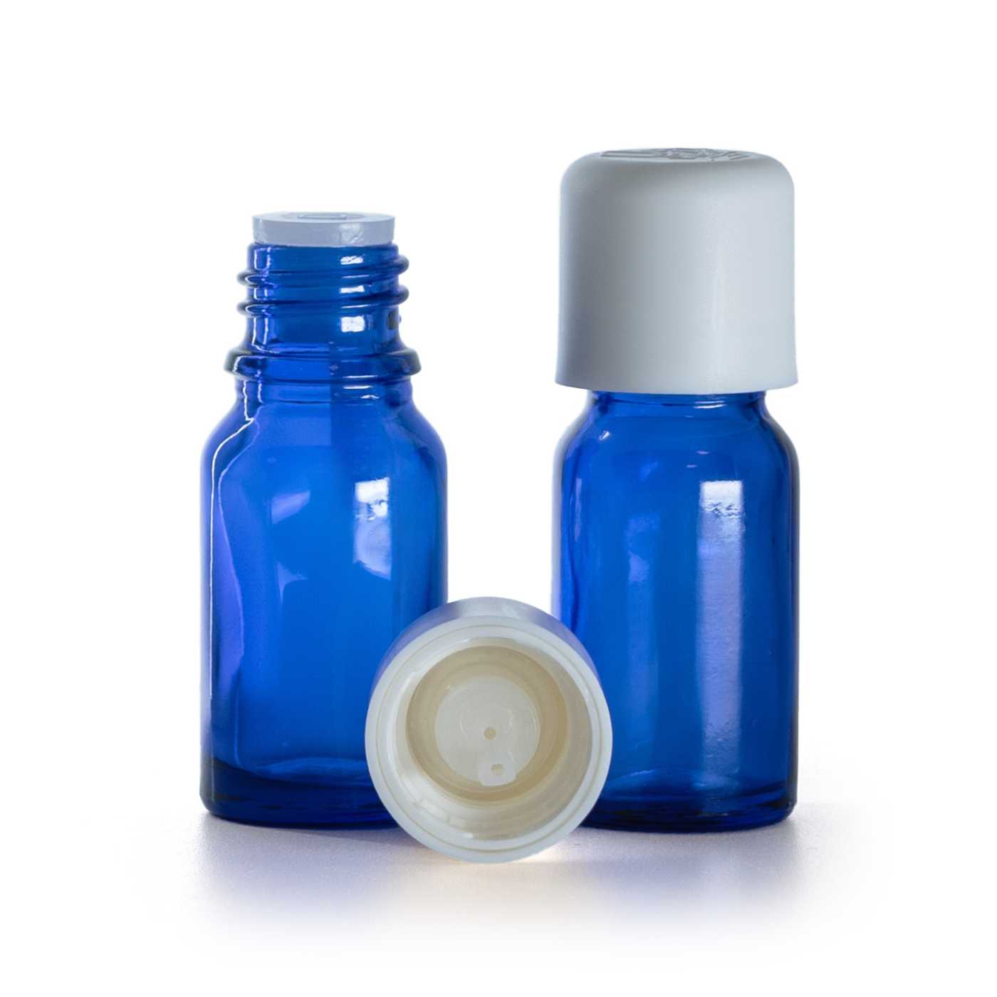 Butelka szklana, niebieska, biała nakrętka z zabezpieczeniem, 10 ml