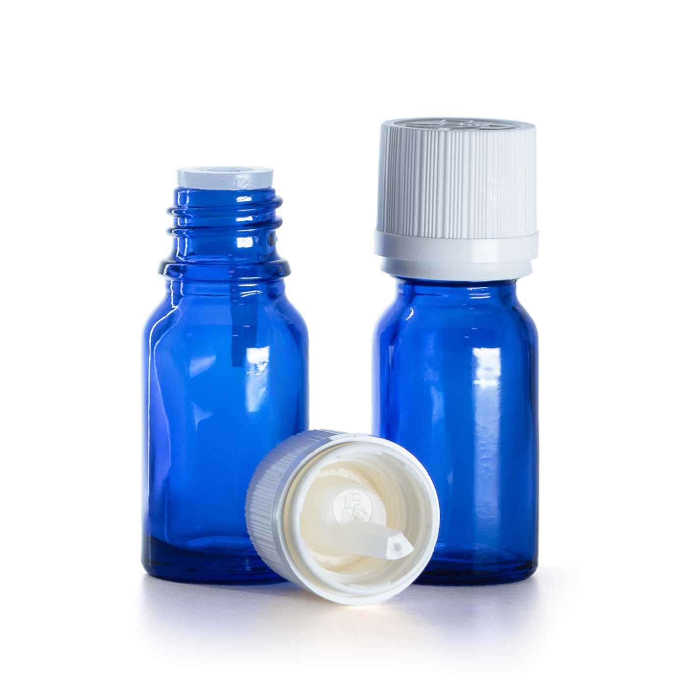 Botella de vidrio, azul, tapón de seguridad inviolable blanco con gotero, 10 ml