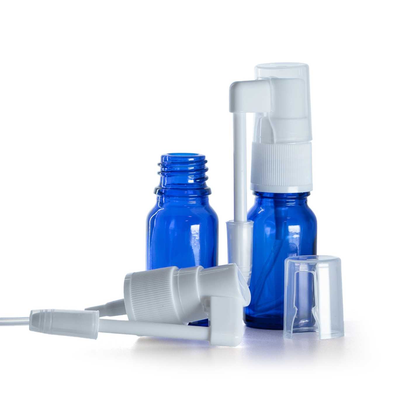 Modrá skleněná lahvička s ústním sprejem, 10 ml
