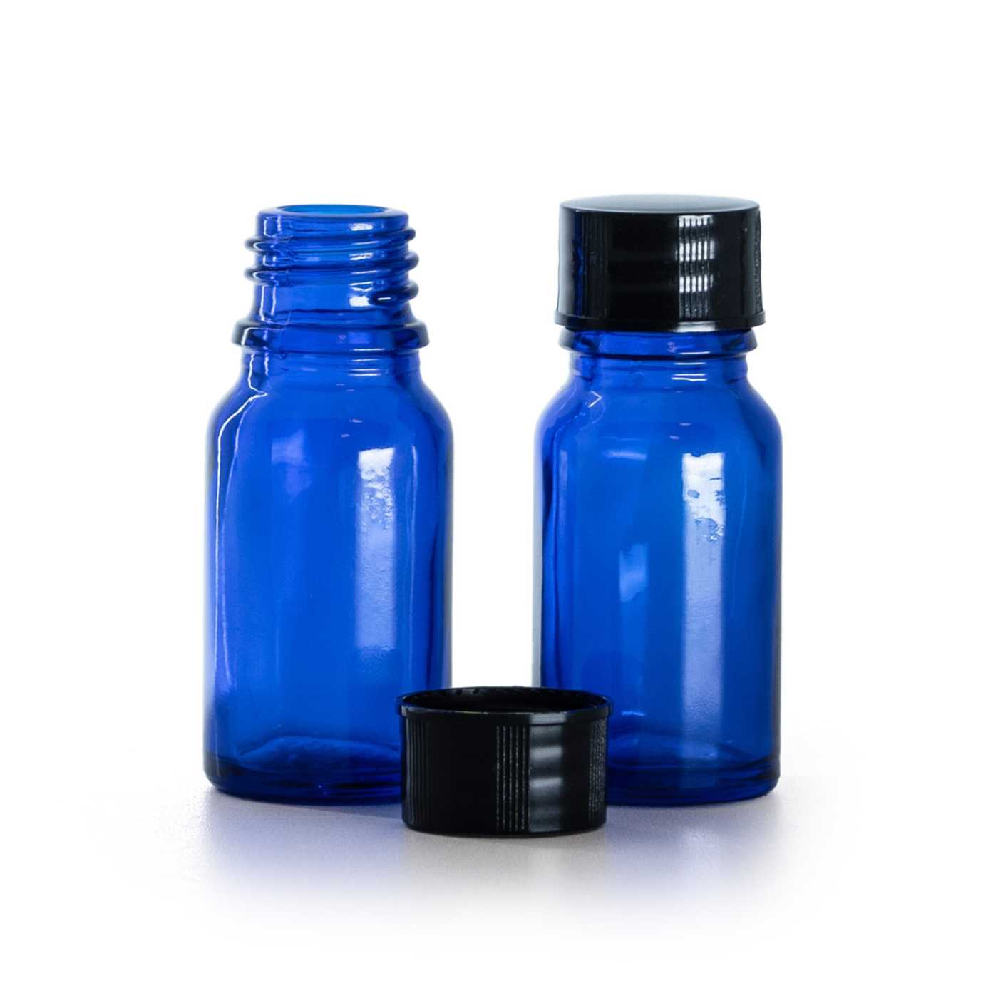 Butelka szklana, niebieska, czarna nakrętka, 10 ml