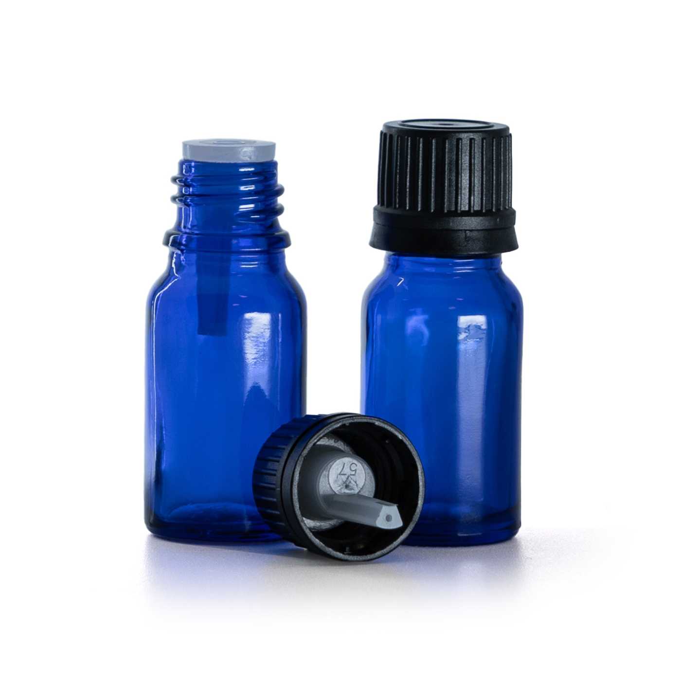 Frasco de vidrio azul, tapón negro inviolable con cuentagotas interior, 10 ml