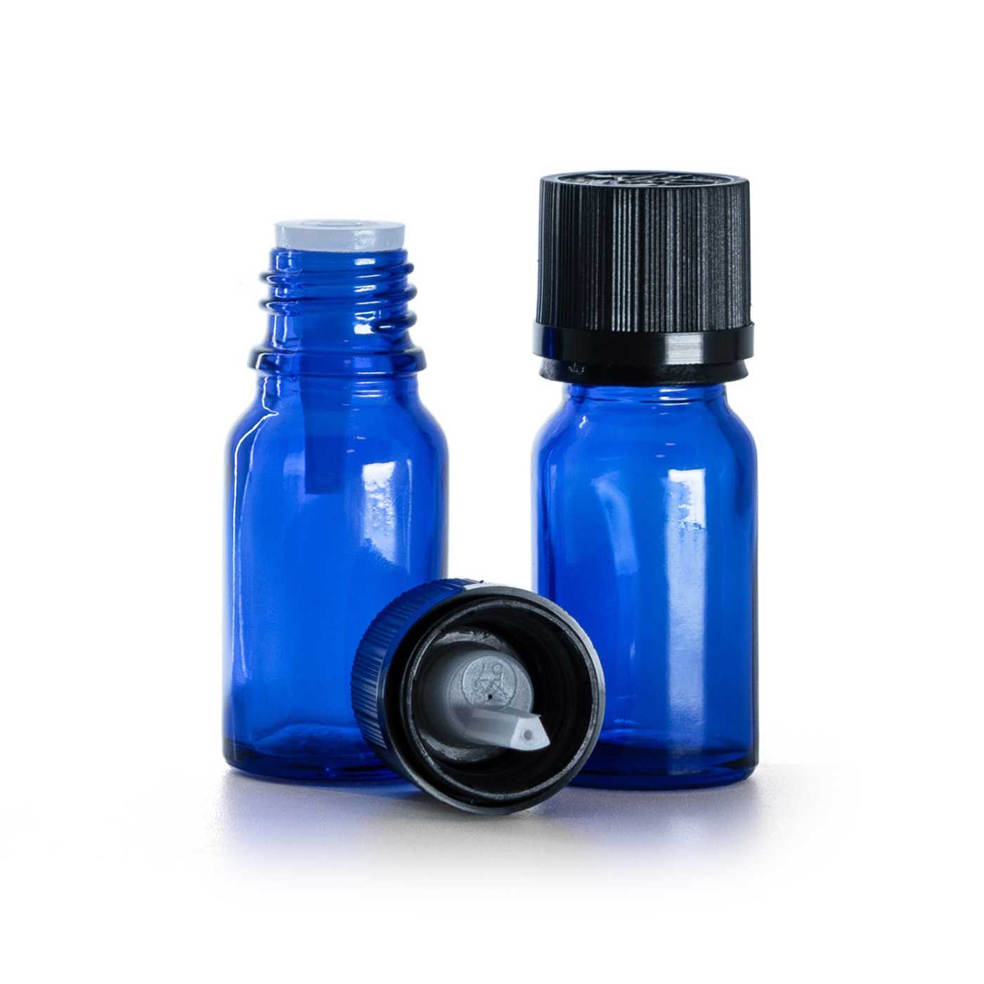 Frasco de vidrio, azul, tapón de seguridad negro con cuentagotas, 10 ml