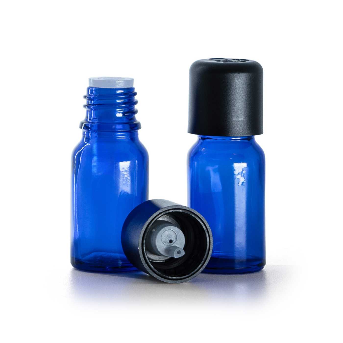 Butelka szklana, niebieska, czarna nakrętka z zabezpieczeniem, 10 ml