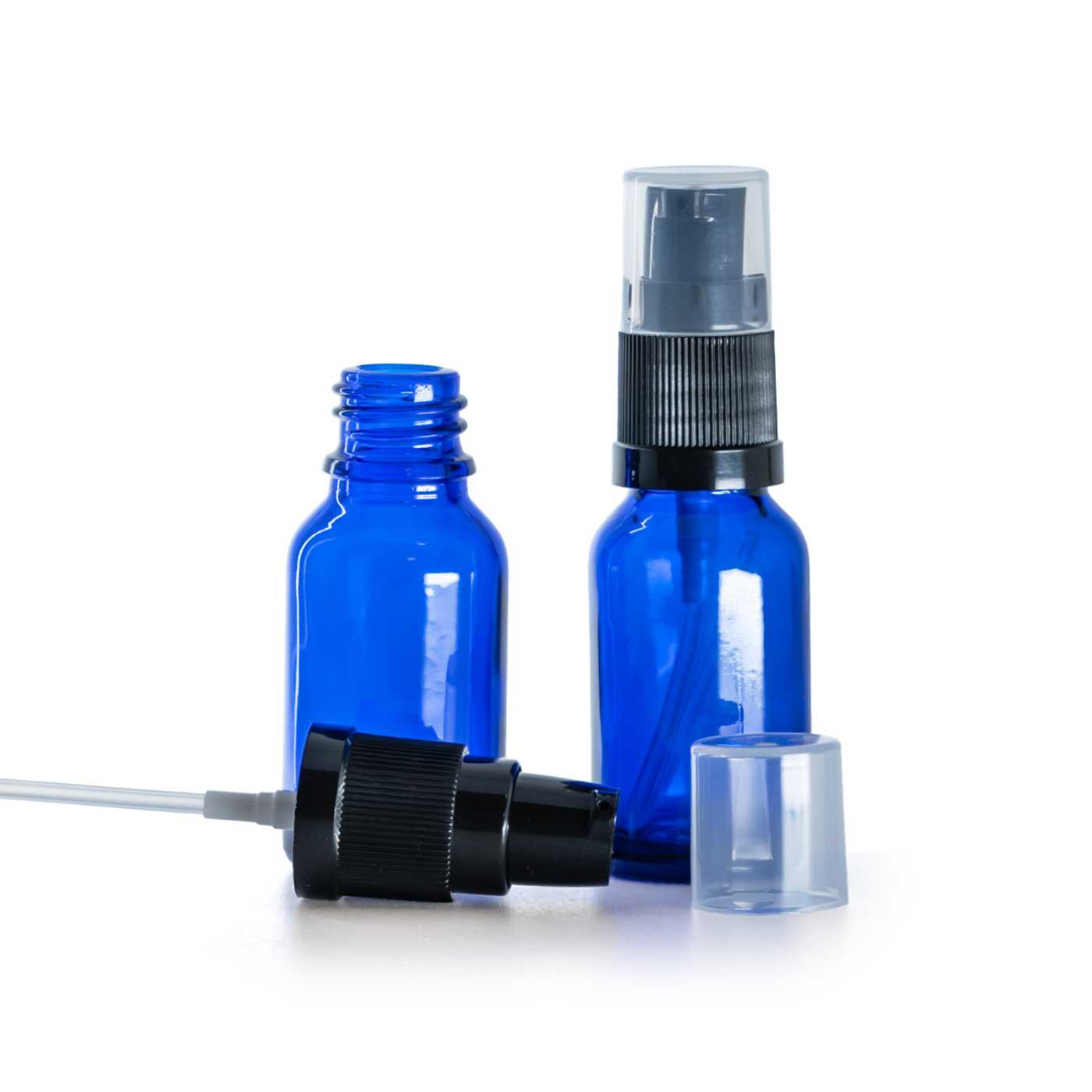 Modrá skleněná lahvička s dávkovačem krému, 15 ml