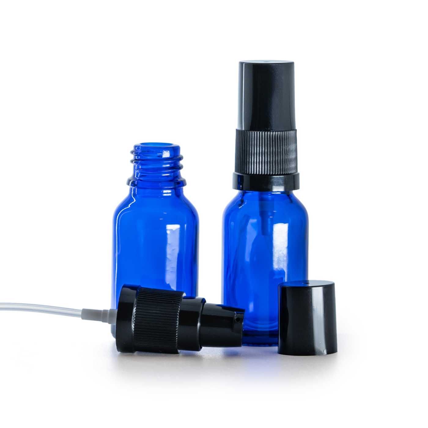 Blaue Glasflasche mit schwarzem Creme-Dosierer und schwarzer Kappe, 15 ml