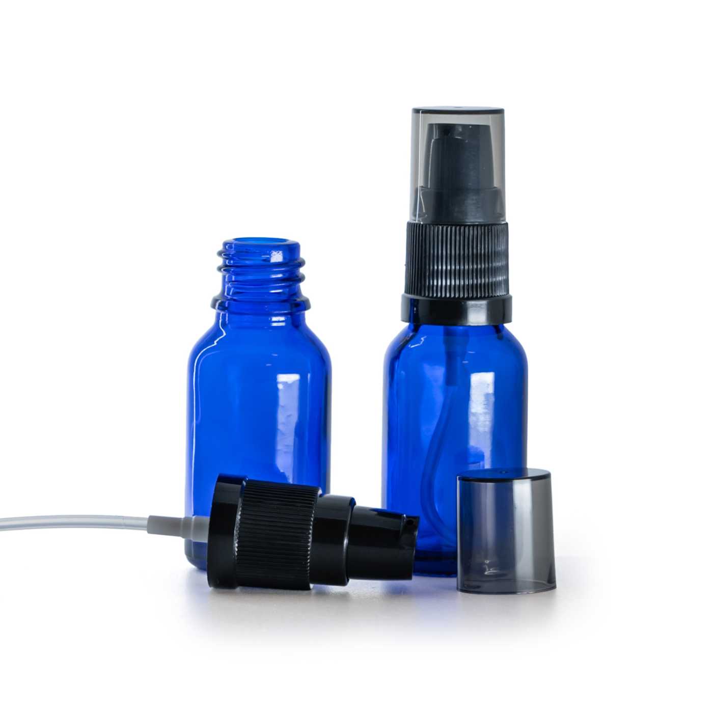 Butelka szklana, niebieska, pompka do kremów z przydymionym kapturkiem, 15 ml