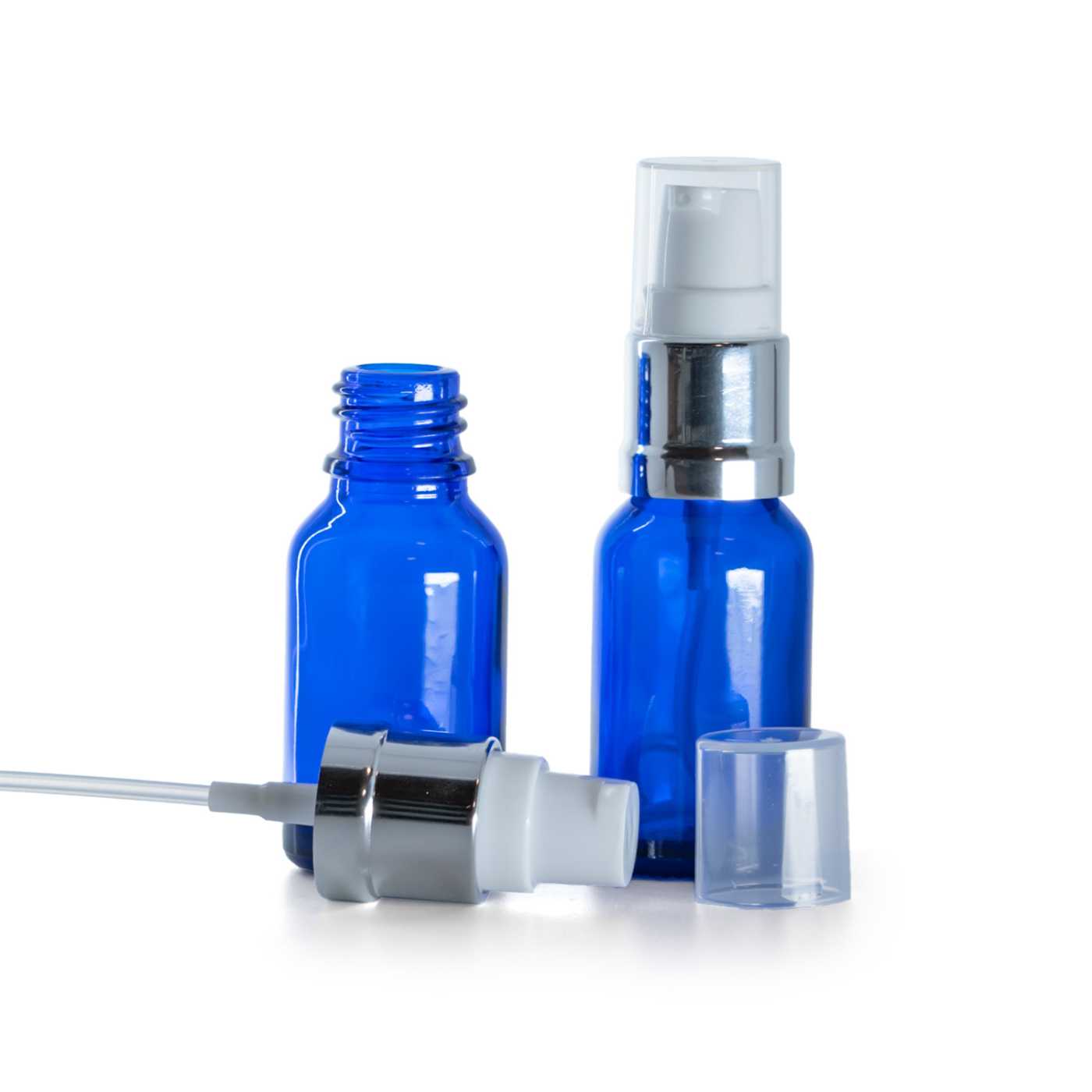 Blaue Glasflasche mit glänzendem weiß-silbernem Spender, 15 ml
