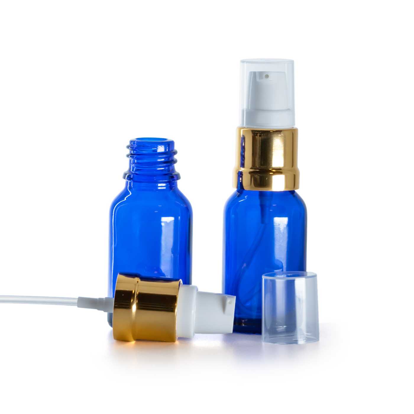 Blaue Glasflasche mit glänzend weiß-goldenem Pumpaufsatz, 15 ml