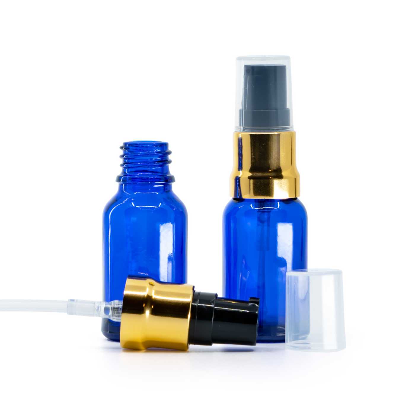 Blaue Glasflasche mit schwarz-goldener Glanzpumpe und transparenter Kappe 15 ml