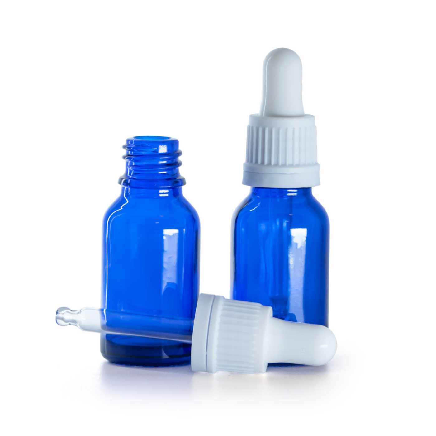 Blaue Glasflasche mit weißer Pipette 15 ml
