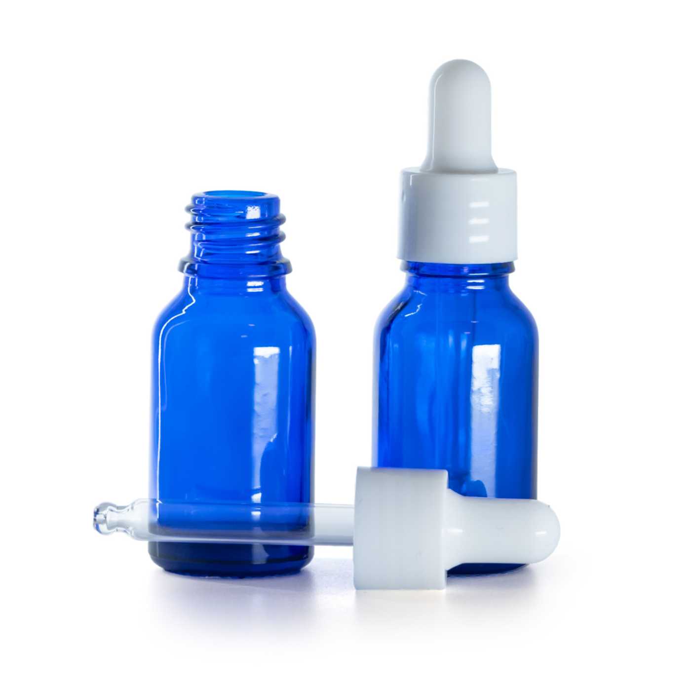 Blaue Glasflasche mit glänzender weißer Pipette, 15 ml