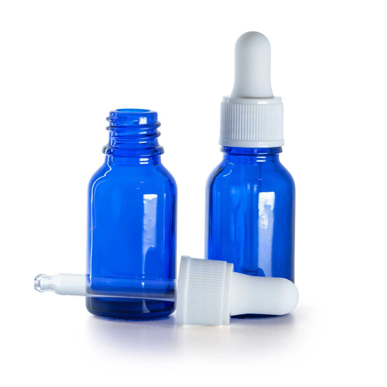 Blaue Glasflasche mit mattem weißen Pipettenverschluss 15 ml