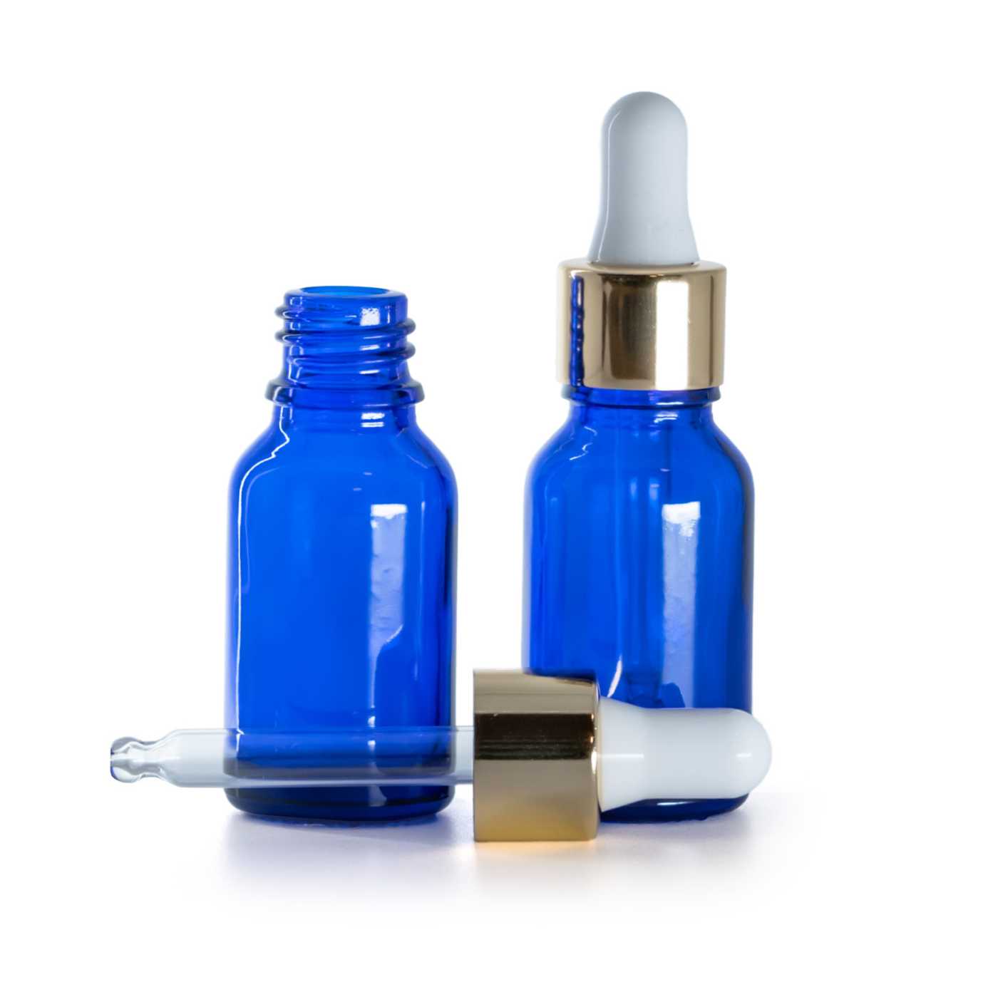 Blaue Glasflasche mit weiß-goldener Pipette, 15 ml