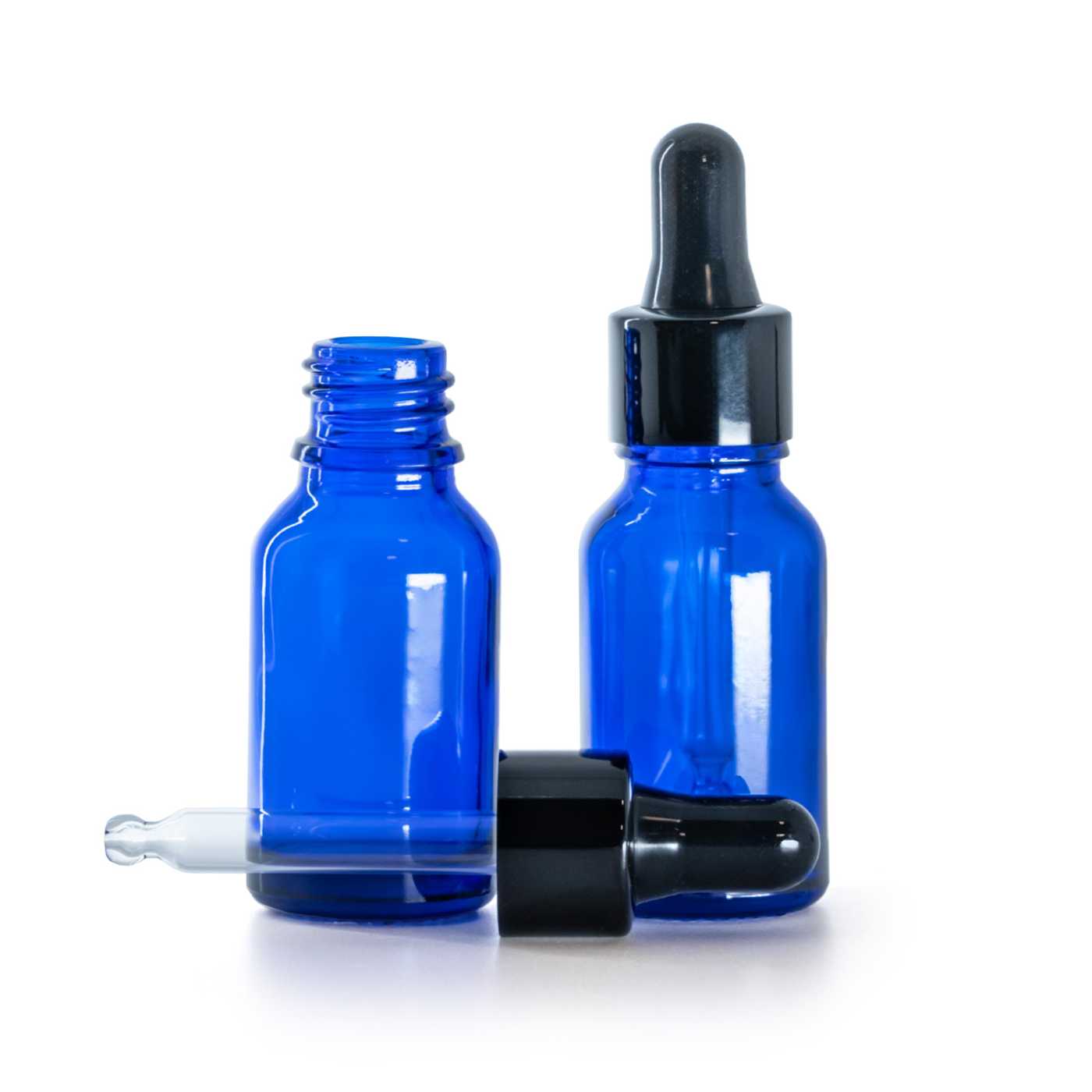 Blaue Glasflasche mit glänzender schwarzer Pipette, 15 ml