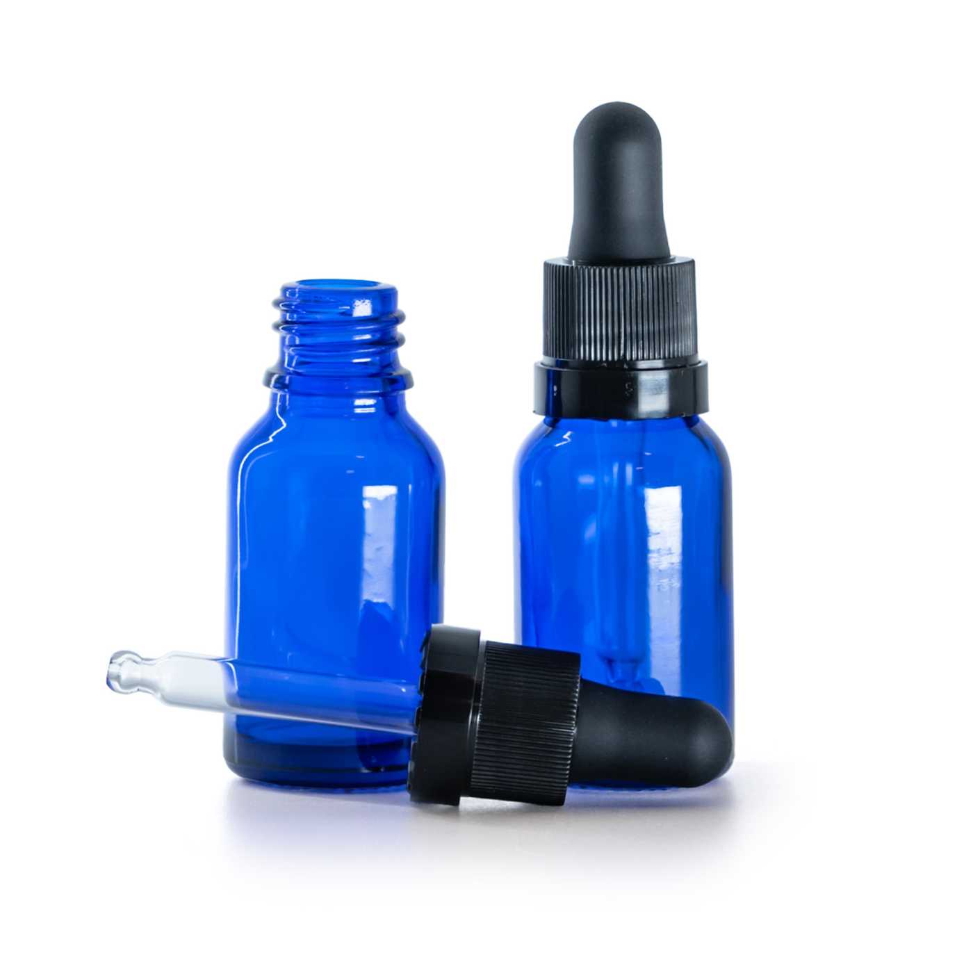Blaue Glasflasche mit glänzend gestreiftem schwarzen Pipettenverschluss, 15 ml