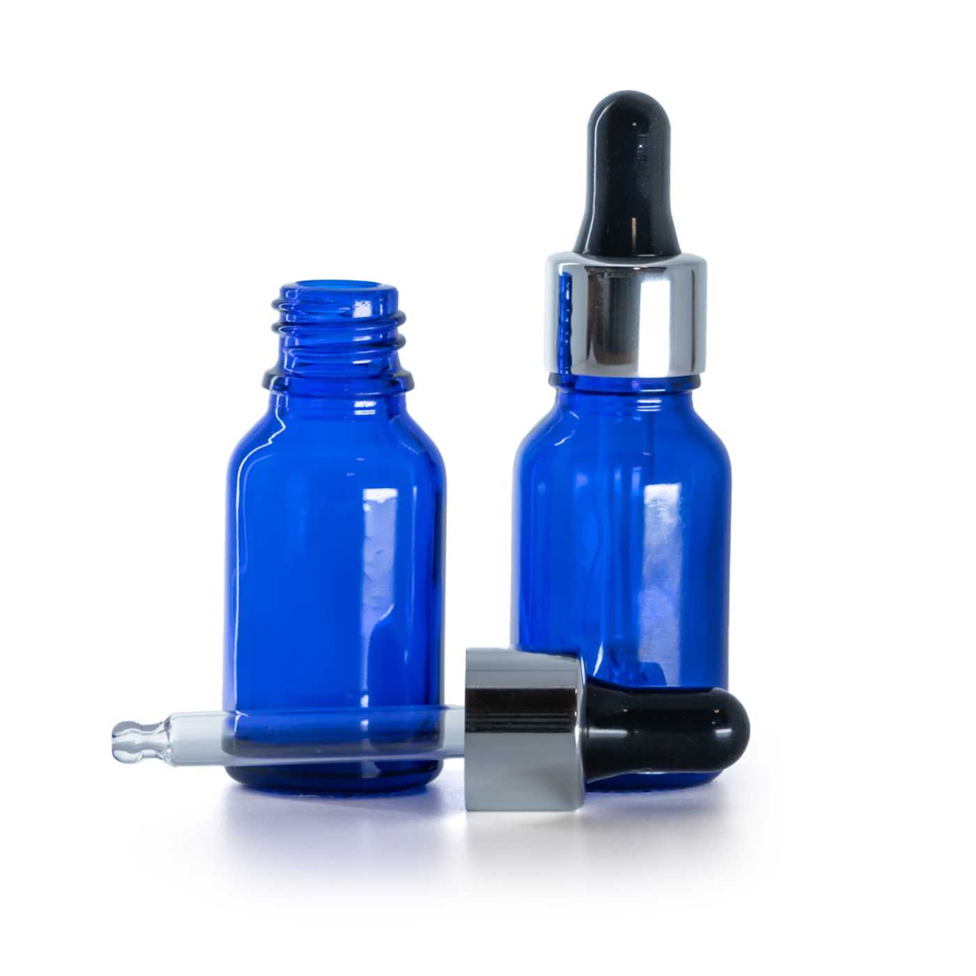 Blaue Glasflasche mit schwarz-silberner Pipette, 15 ml