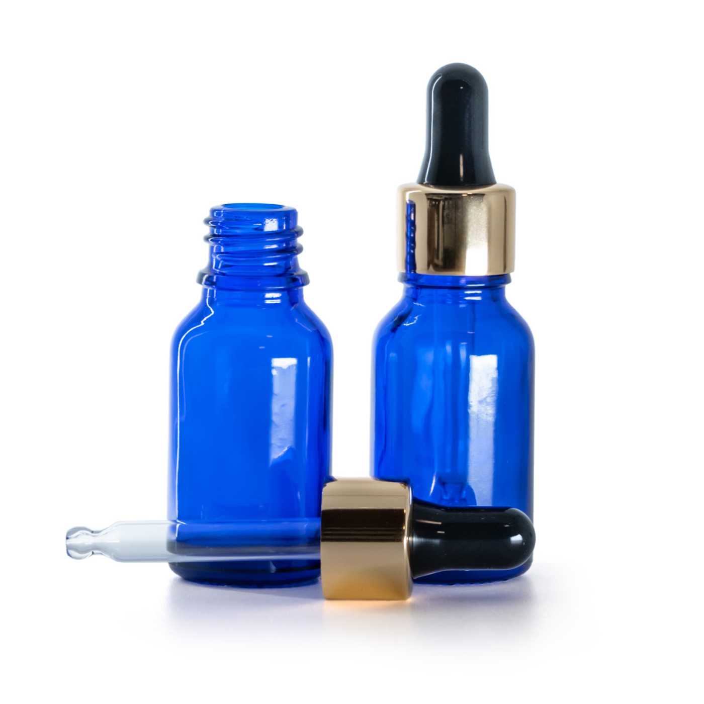 Blaue Glasflasche mit schwarz-goldener Pipette 15 ml