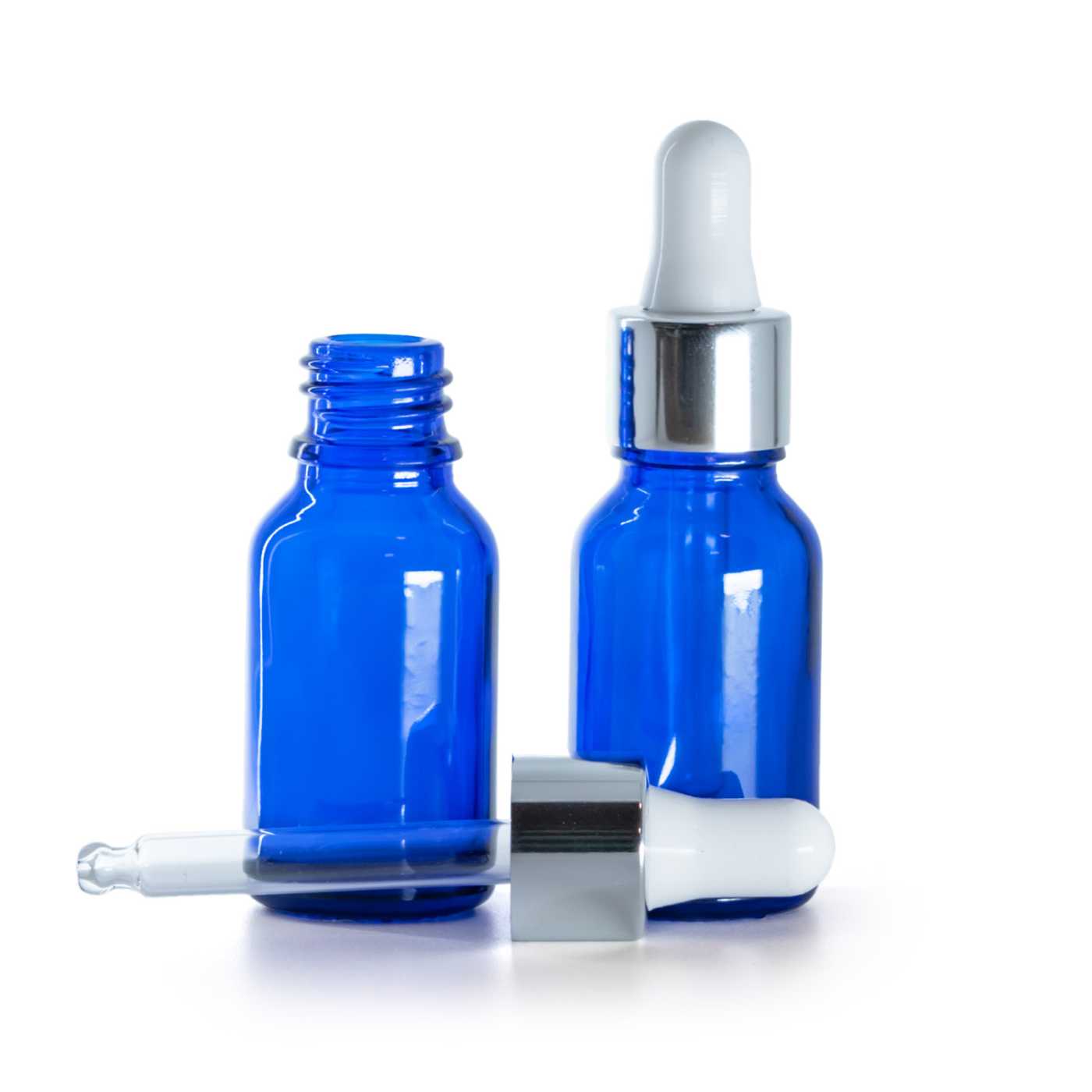 Blaue Glasflasche mit glänzender silberner Pipette, 15 ml