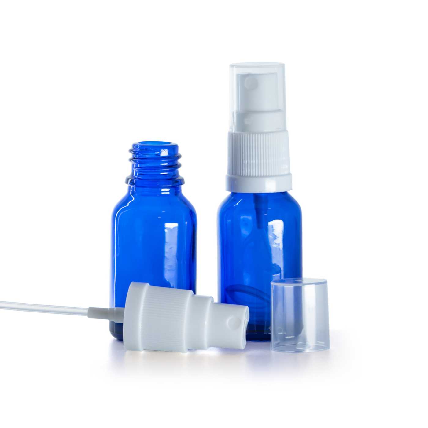 Butelka szklana, niebieska, biały atomizer, 15 ml