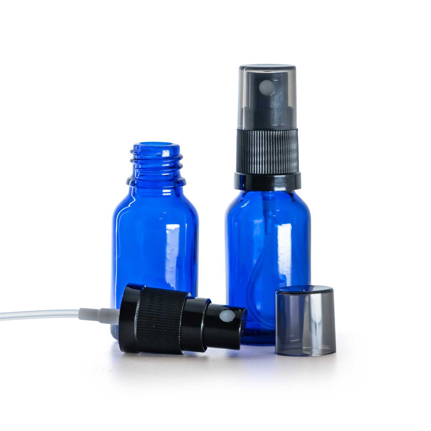 Butelka szklana, niebieska, czarny atomizer, przydymiona nakładka, 15 ml