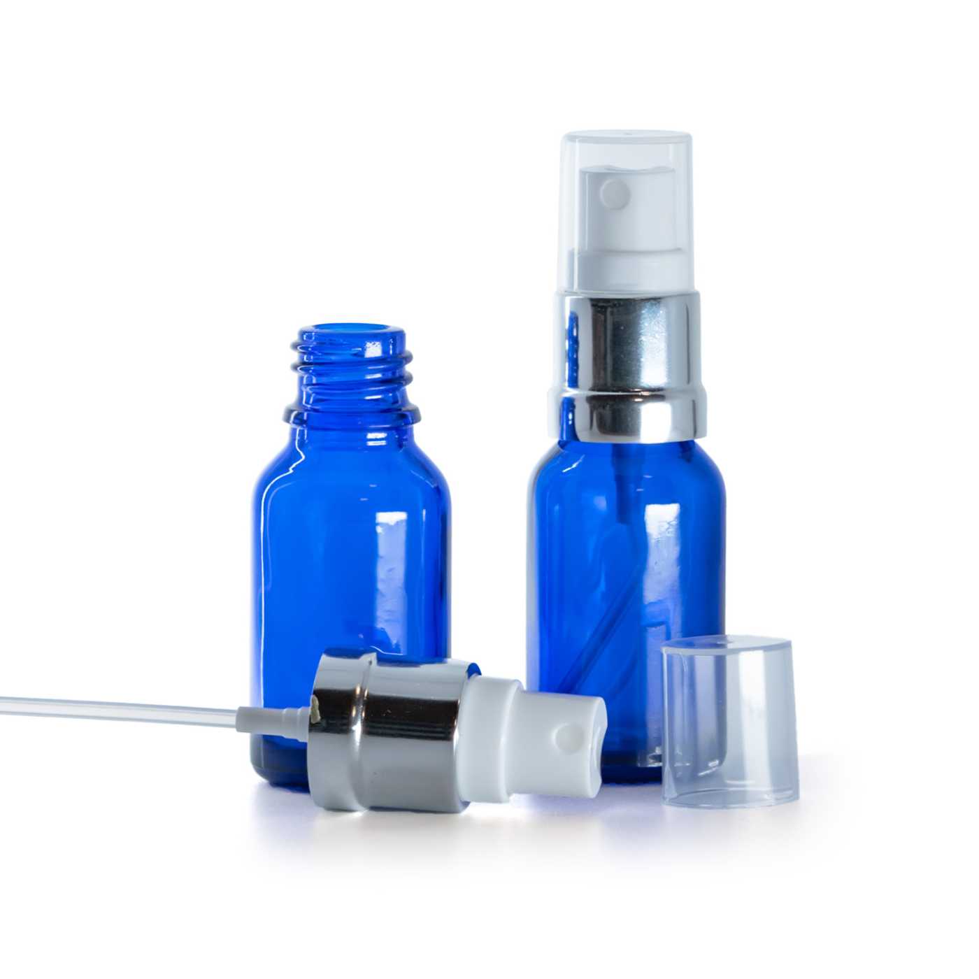 Blaue Glasflasche mit weiß-silbernem Zerstäuber, 15 ml