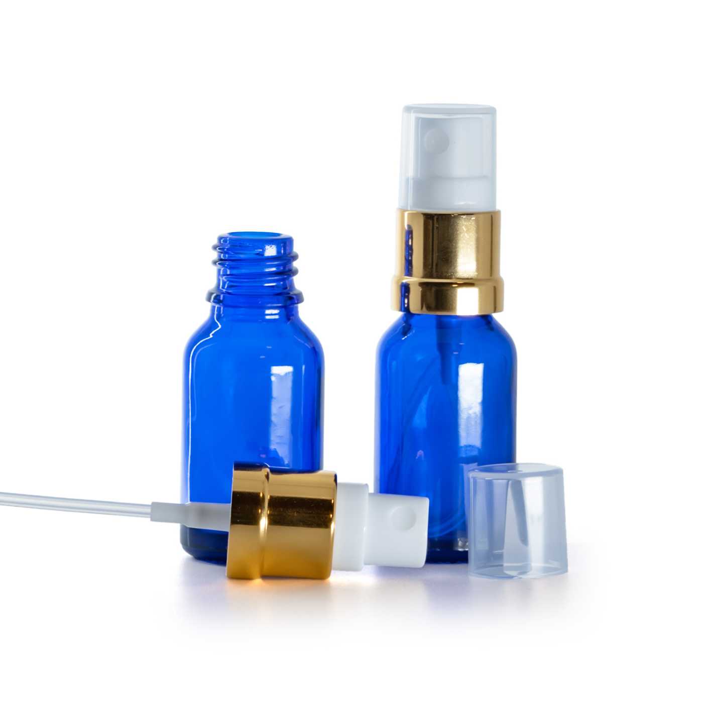 Butelka szklana, niebieska, biało-złoty atomizer, 15 ml