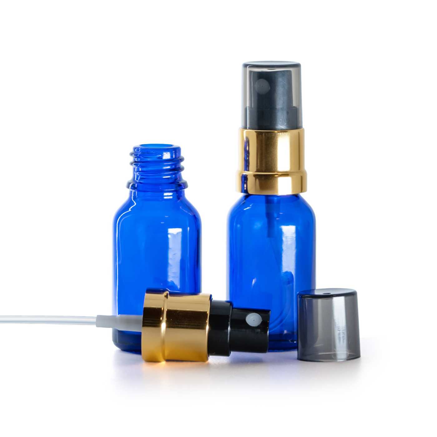 Butelka szklana, niebieska, czarno-złoty atomizer, przydymiona nakładka, 15 ml