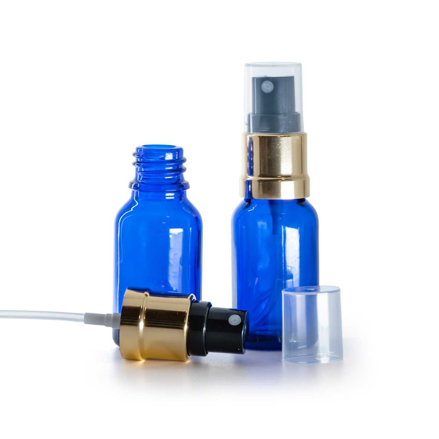 Butelka szklana, niebieska, czarno-złoty atomizer, 15 ml